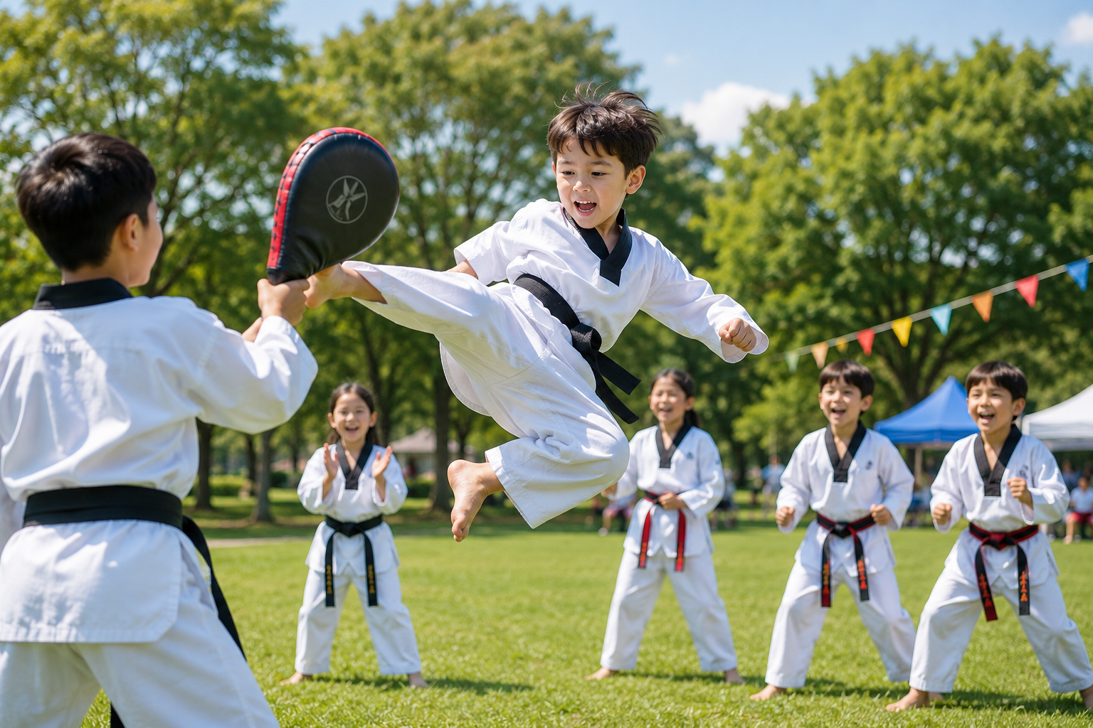 Kids and teens enjoying summer camp activities at Zenith Taekwondo