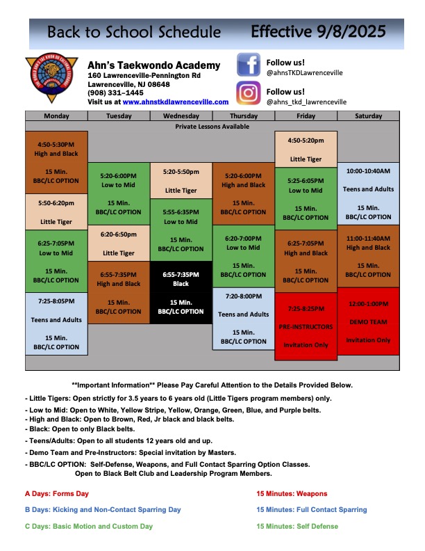 Ahn's Taekwondo Lawrenceville Class Schedule