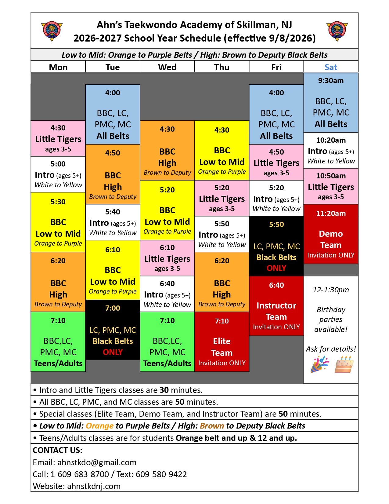 Ahn's Taekwondo Montgomery Class Schedule