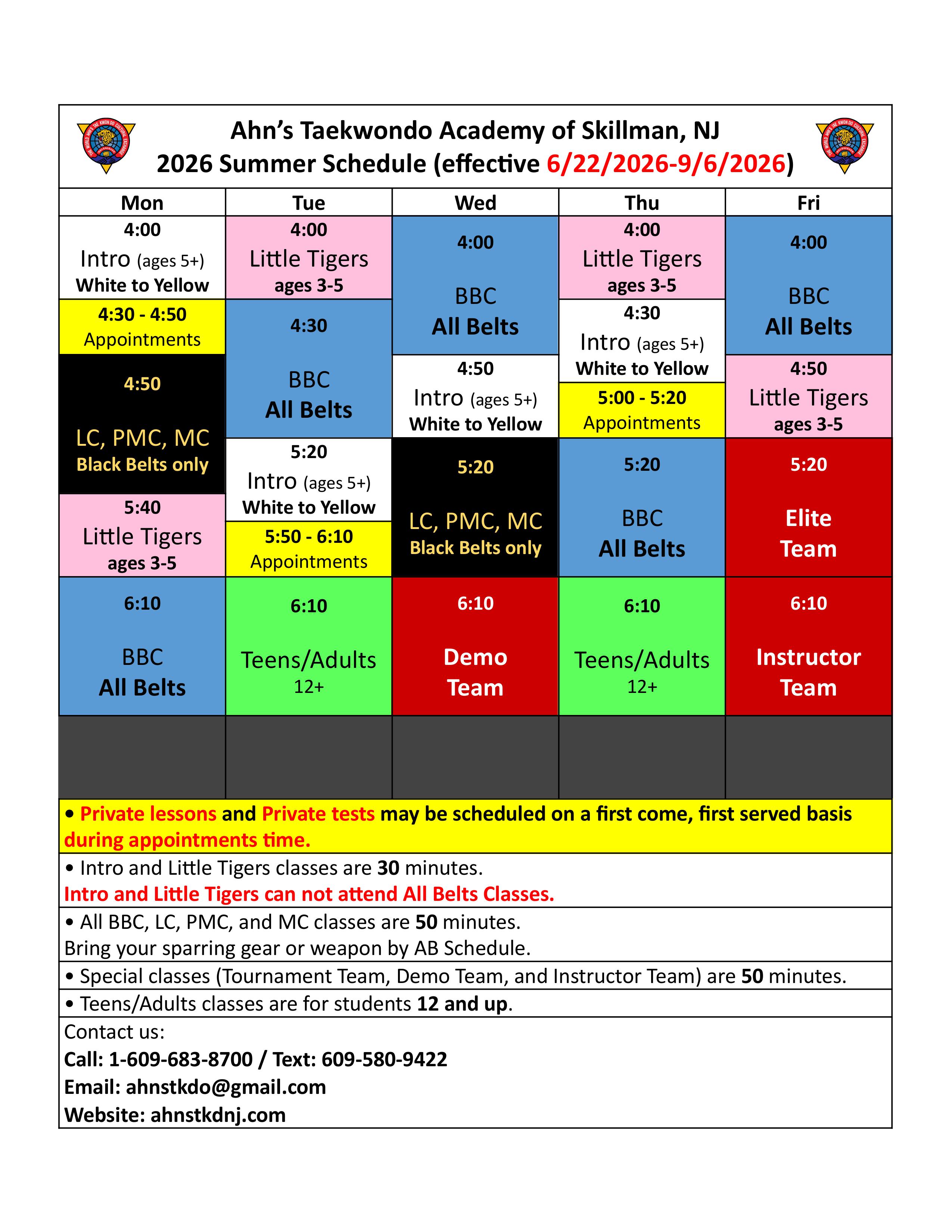 Ahn's Taekwondo Montgomery Class Schedule