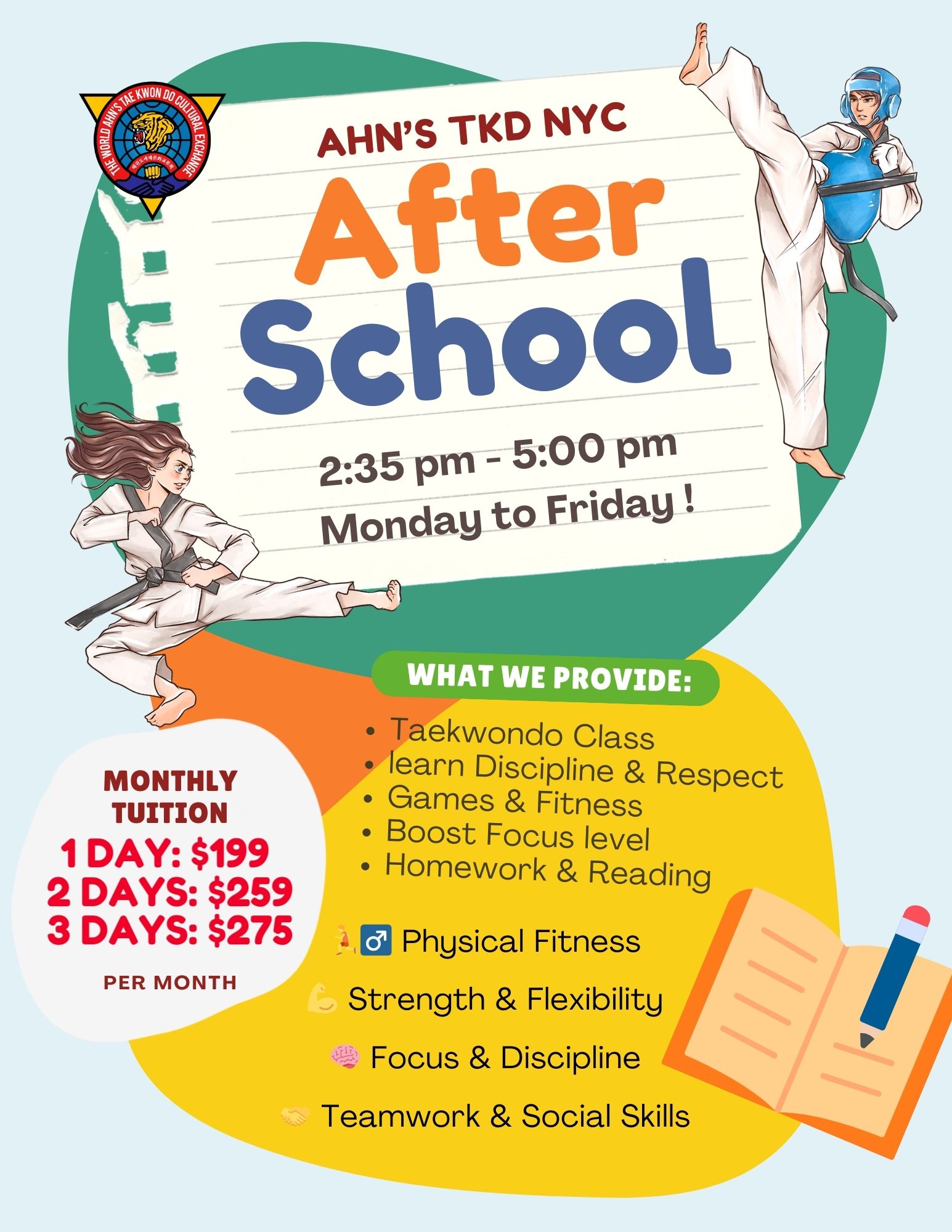 Ahn's TKD NYC After School Program flyer — hours, tuition, and what we provide