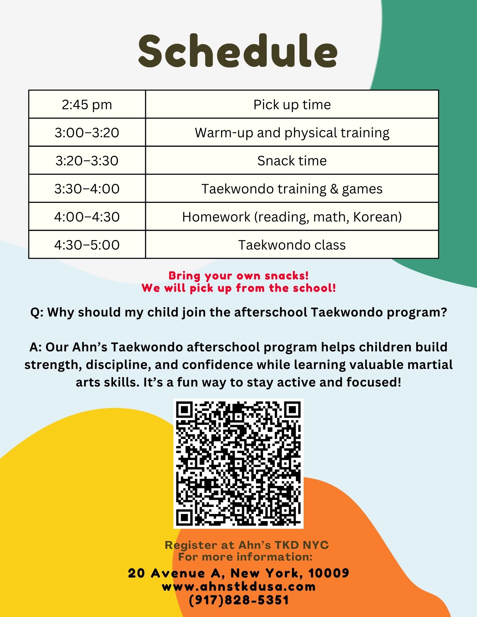 Ahn's TKD NYC After School Program daily schedule flyer