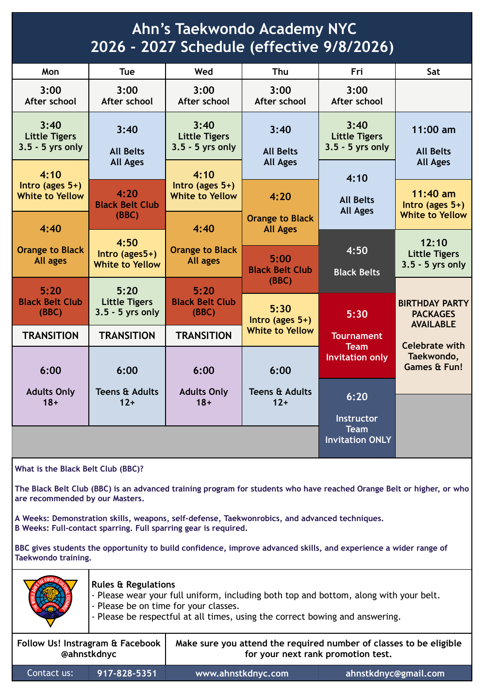 Ahn's Taekwondo NYC Class Schedule