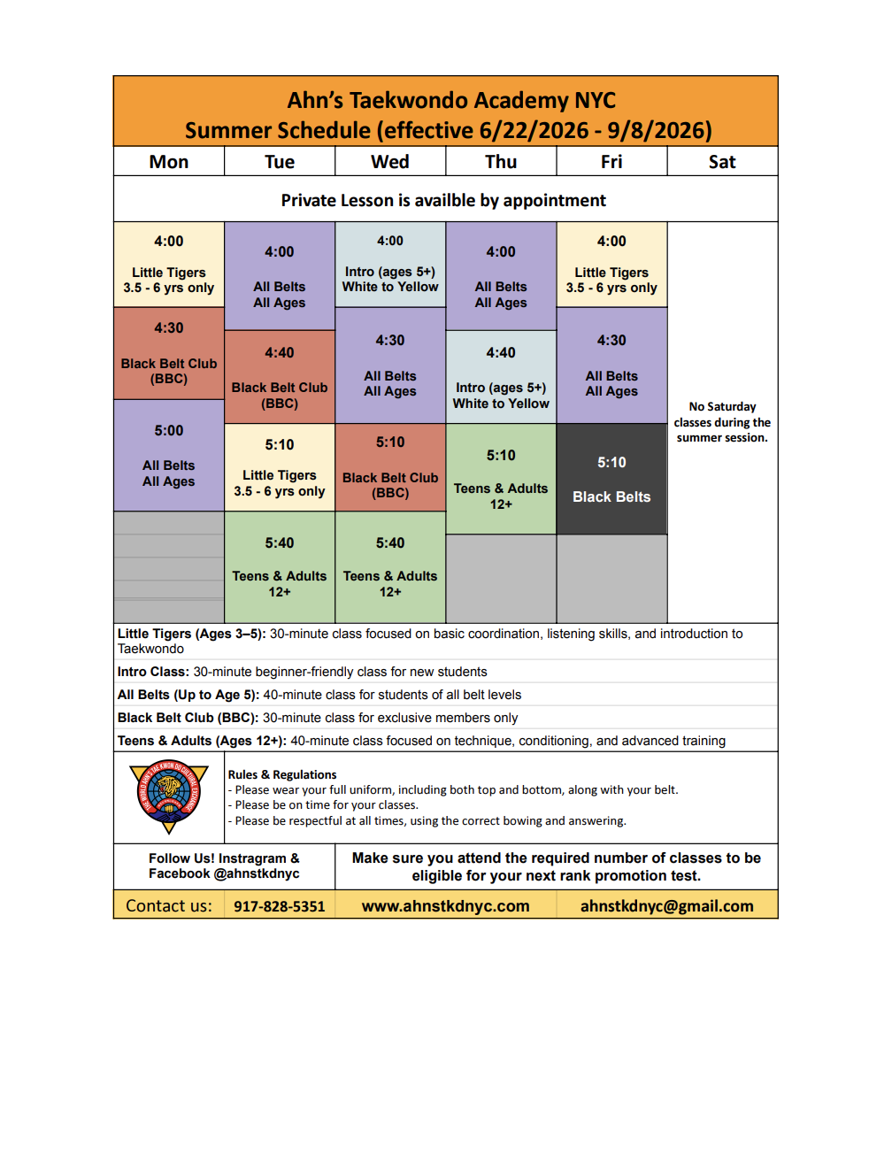 Ahn's Taekwondo NYC Class Schedule