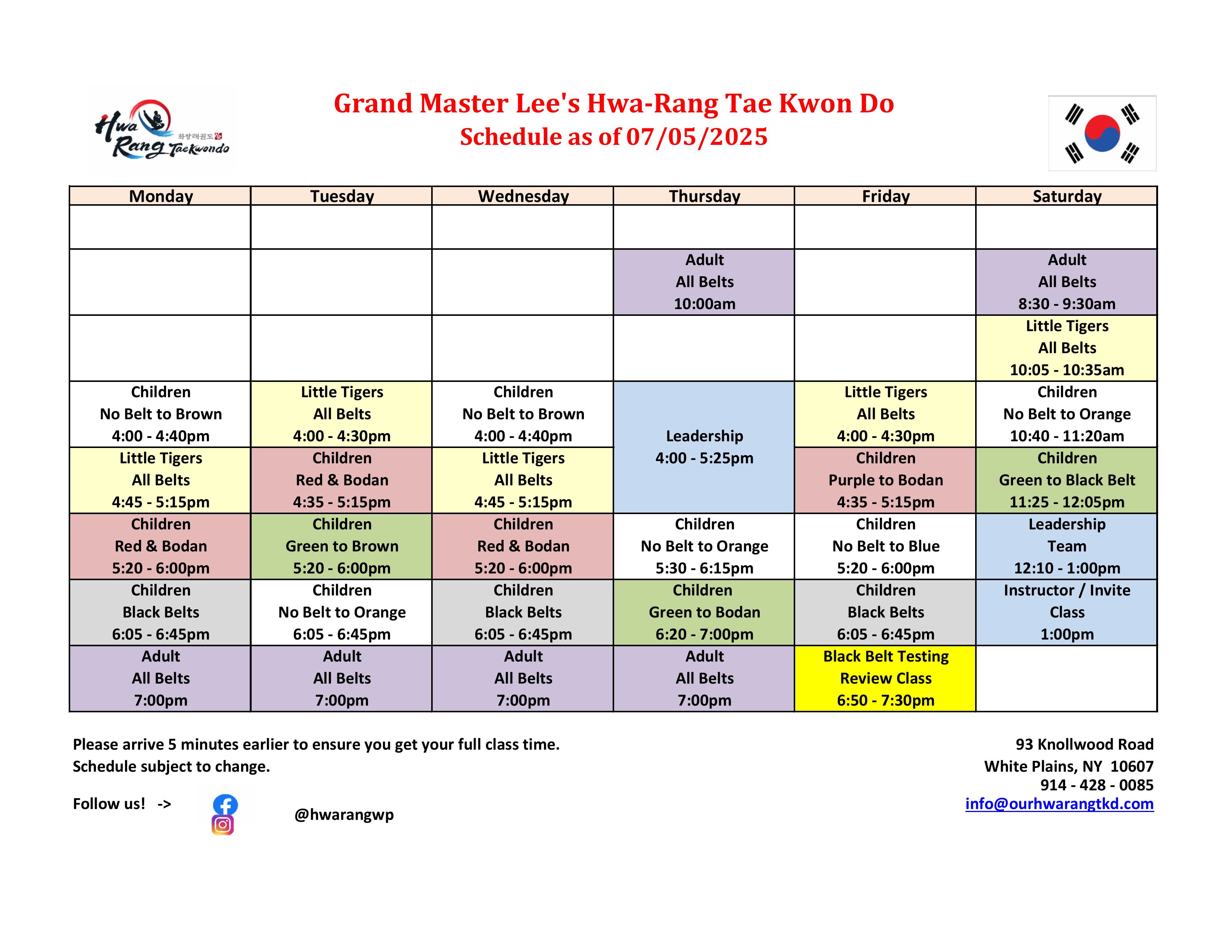 White Plains Class Schedule
