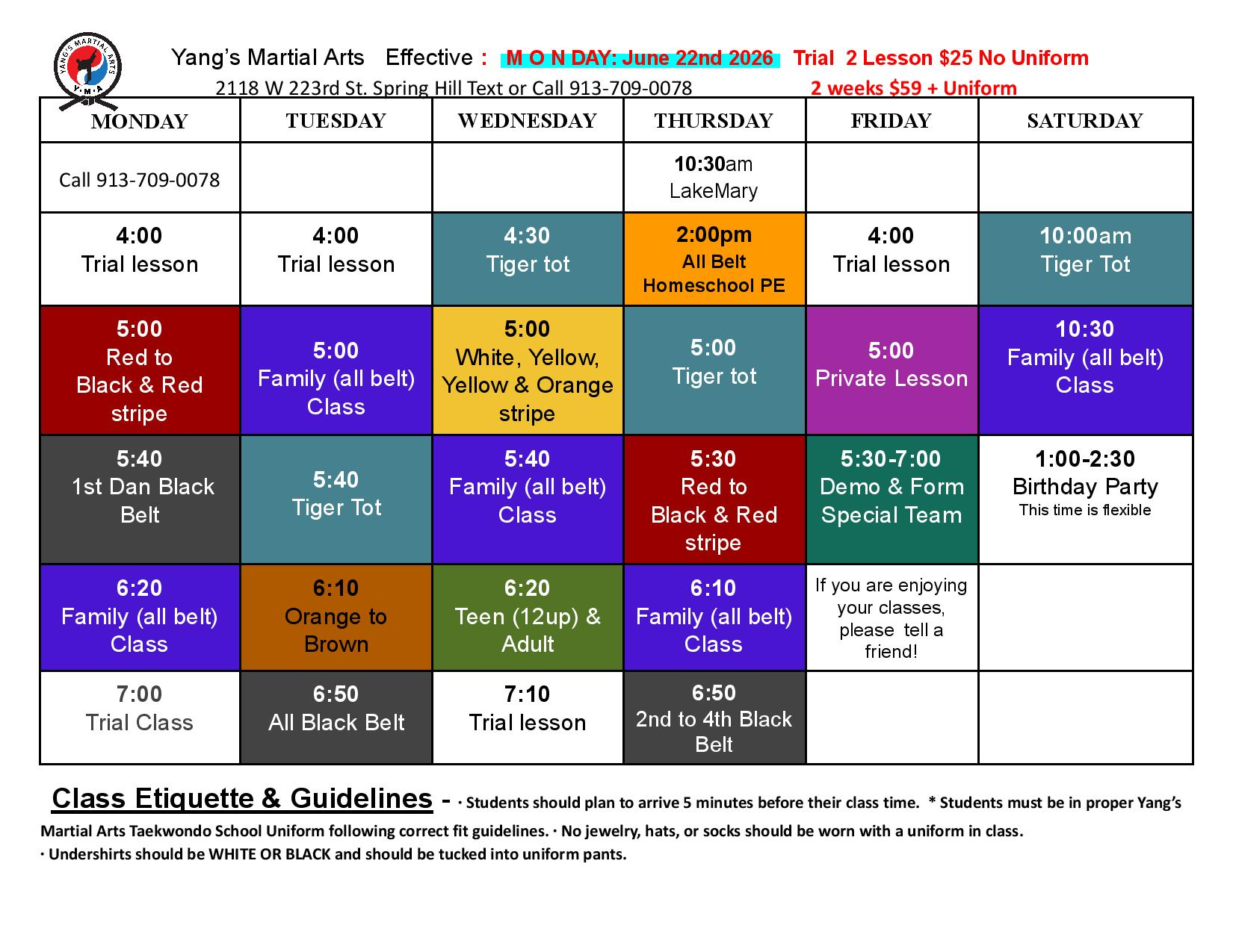 Spring Hill Class Schedule