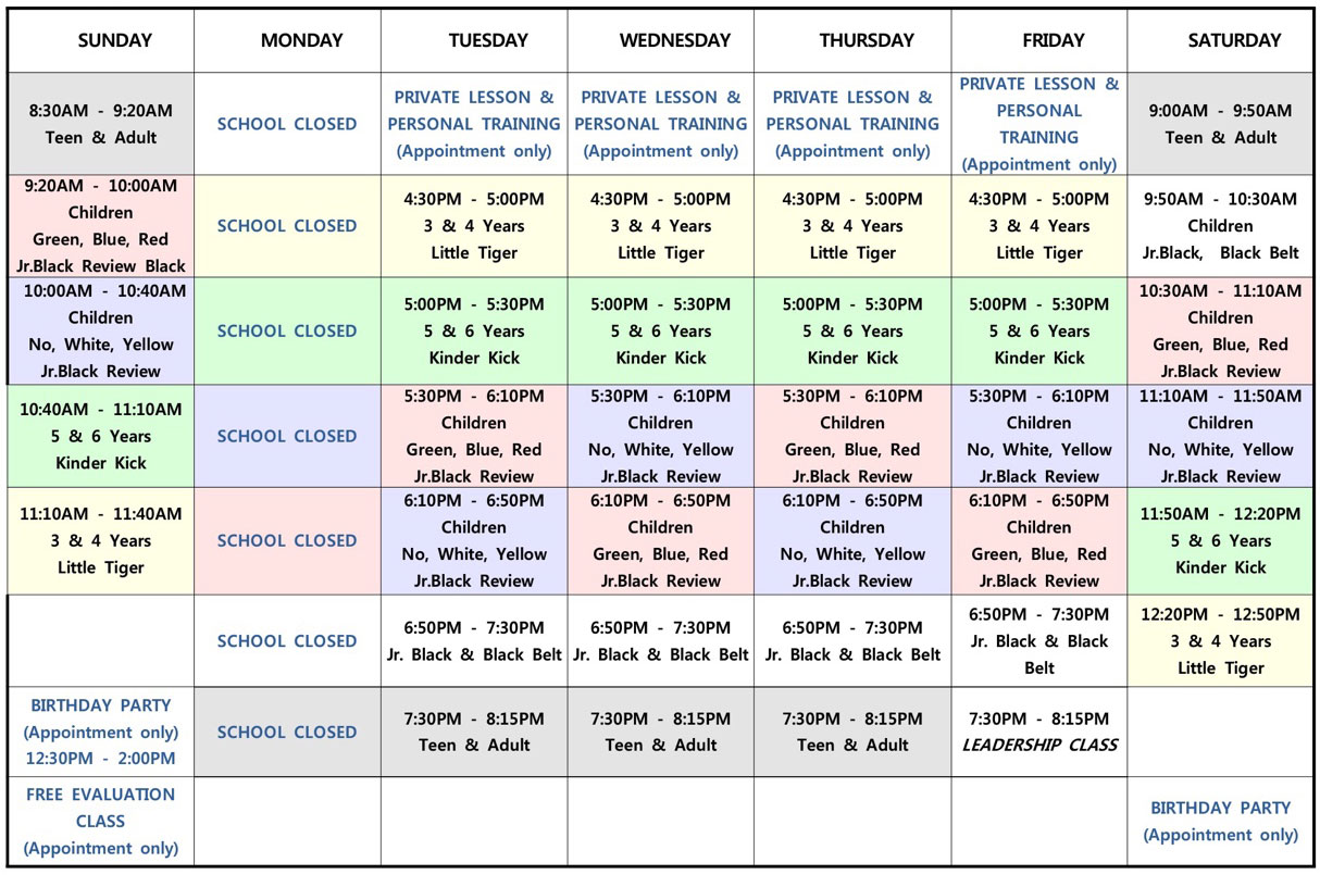 Master Jung's World Taekwondo Class Schedule