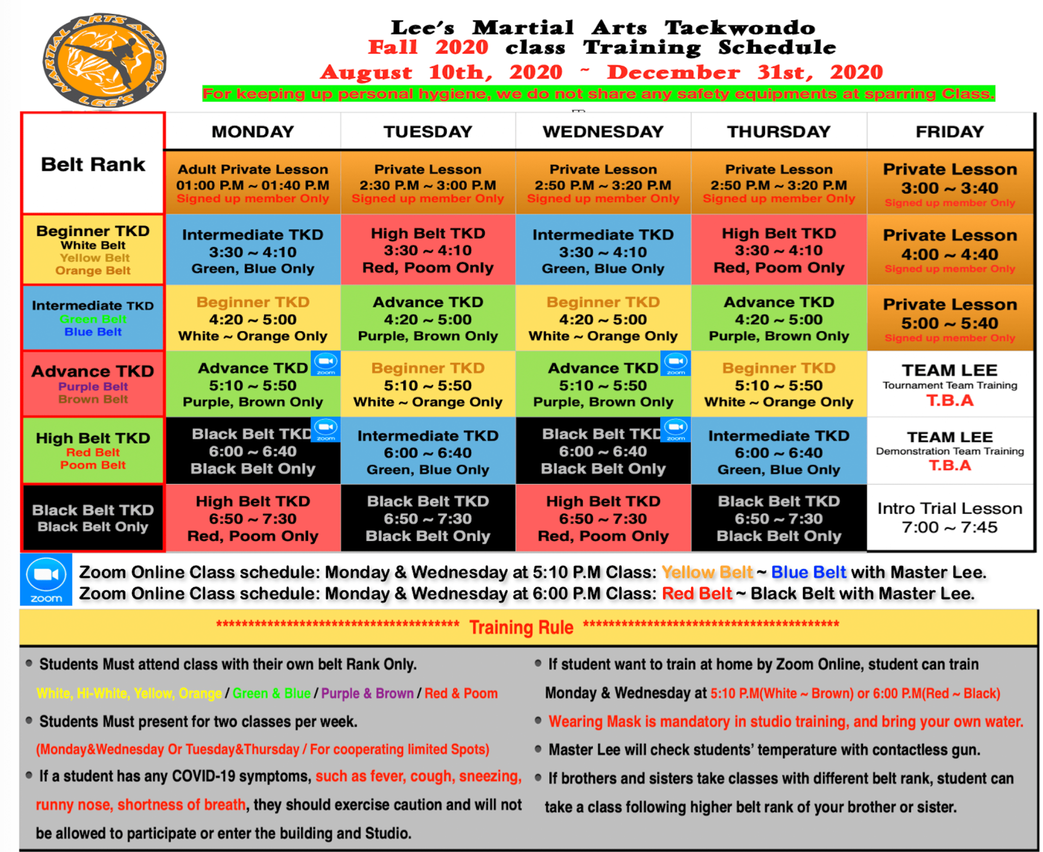 Brandon Class Schedule