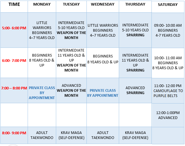 Nava's Martial Arts Academy Class Schedule