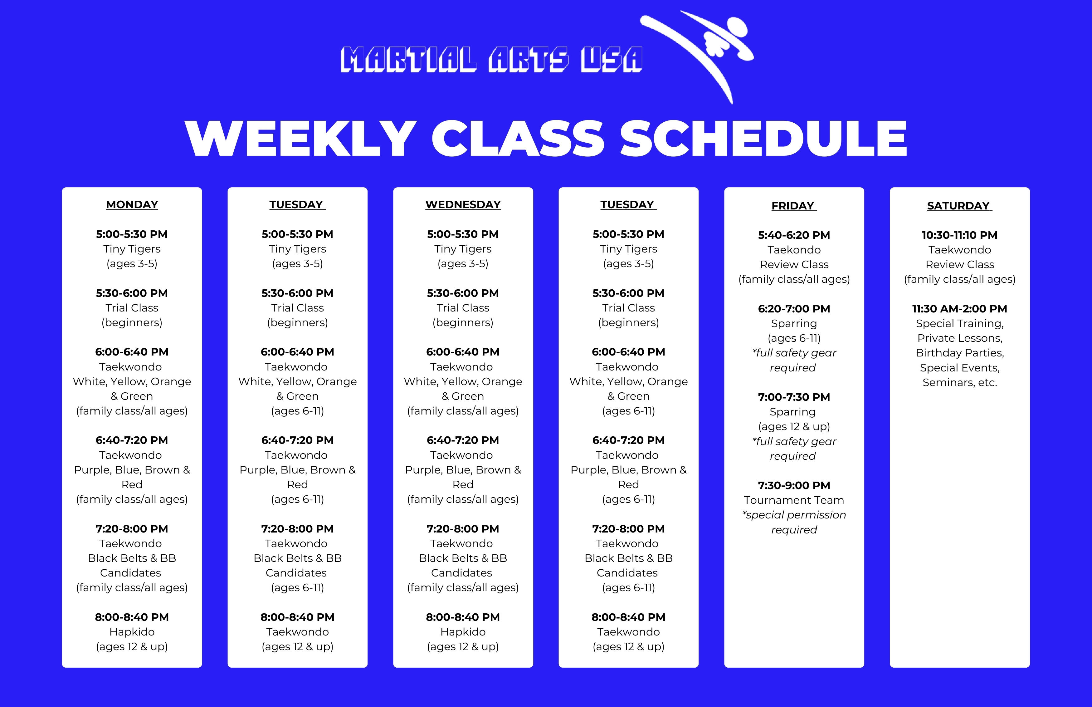 Martial Arts USA of IL Class Schedule
