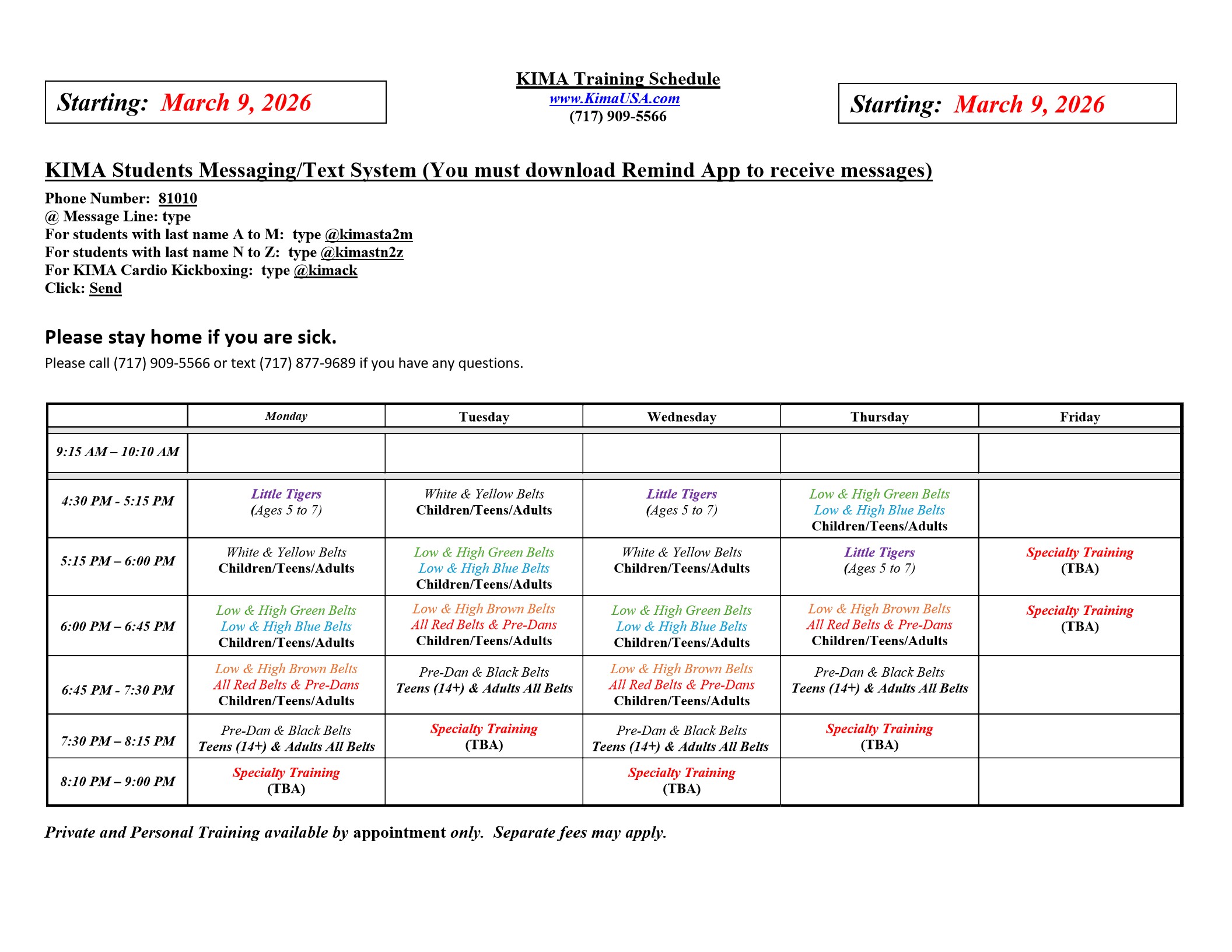 Kim's Institute of Martial Arts Class Schedule