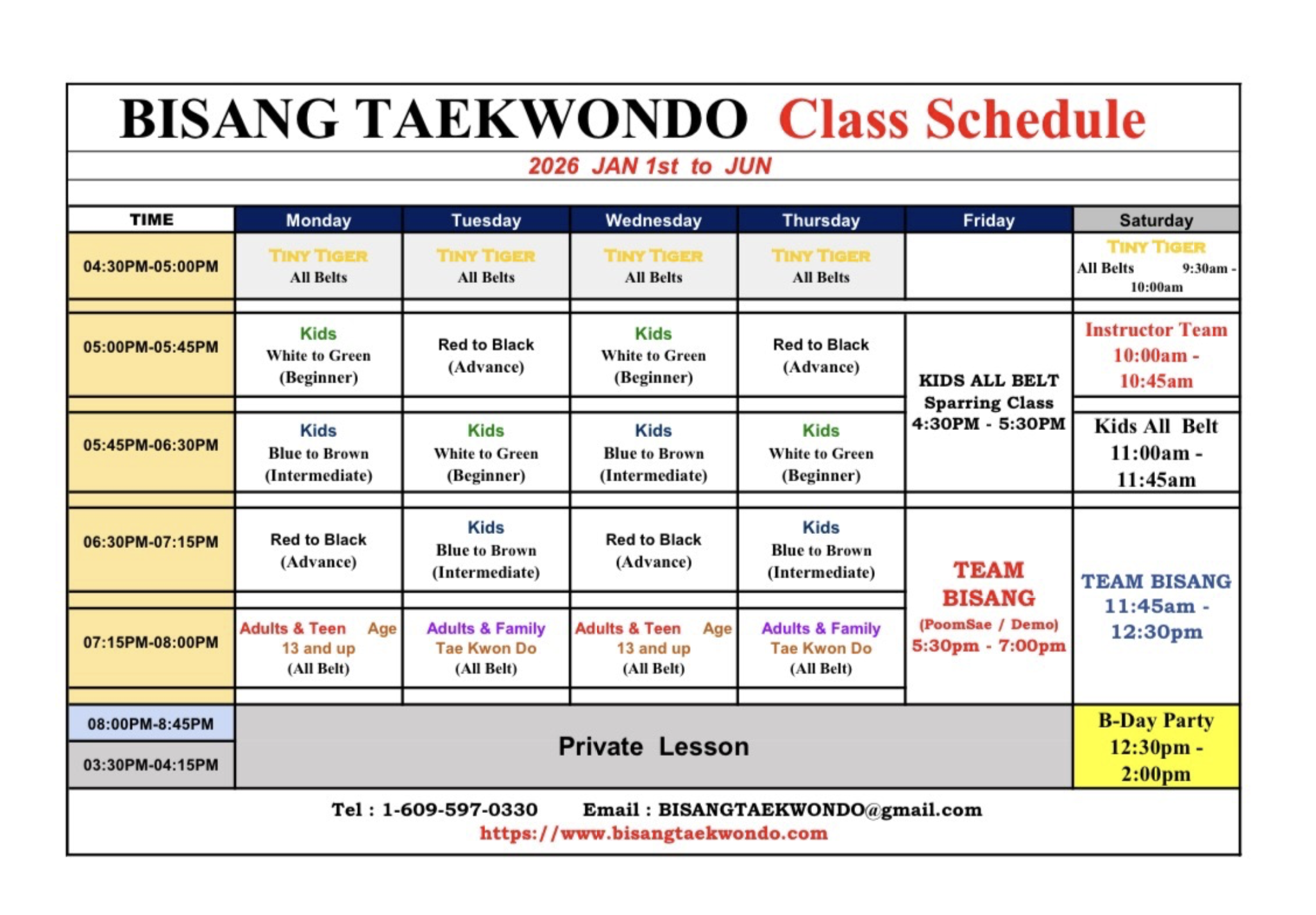 Bisang Taekwondo Class Schedule