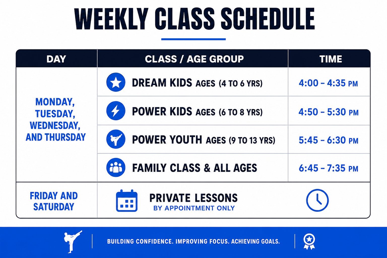 Dallas Taekwondo Academy Class Schedule