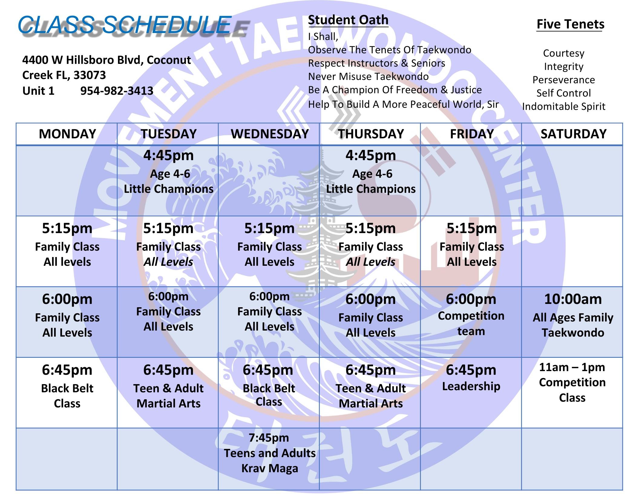 Movement Taekwondo Center Class Schedule