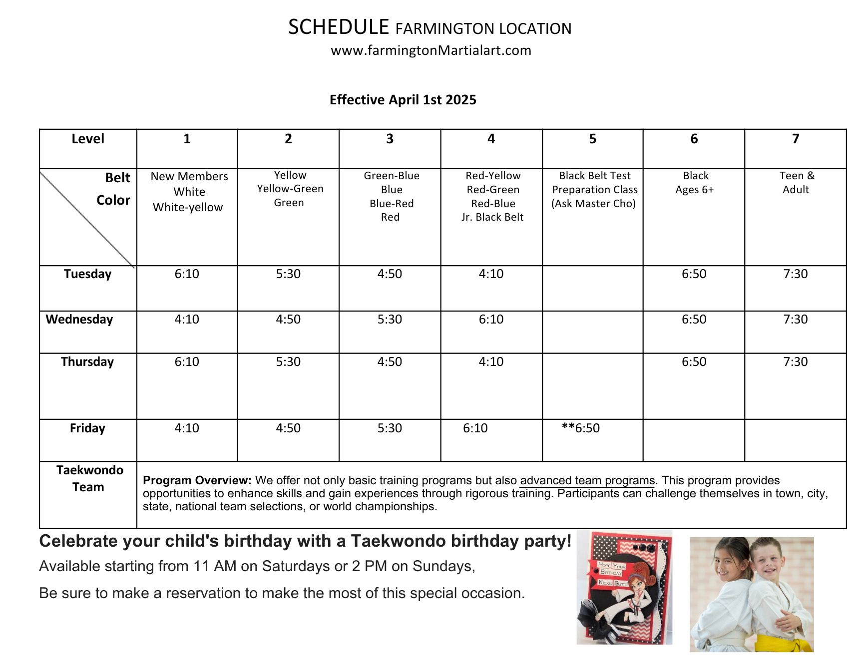Farmington Class Schedule