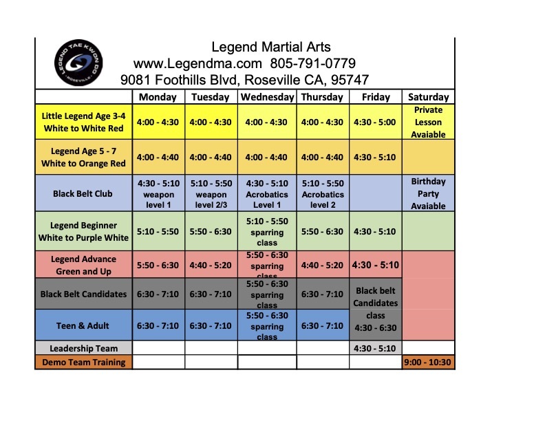 Legend Martial Arts Class Schedule