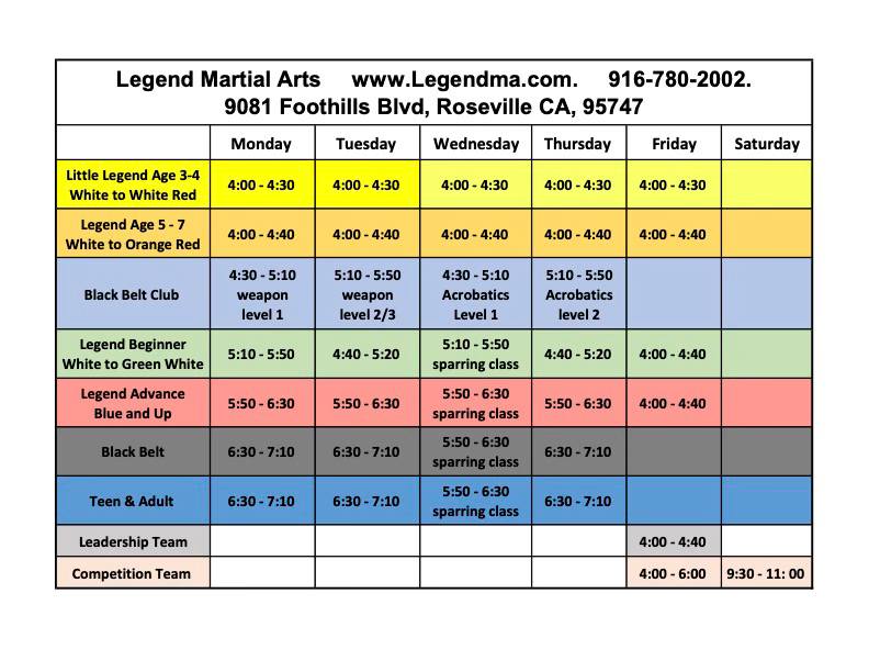 Legend Martial Arts Class Schedule