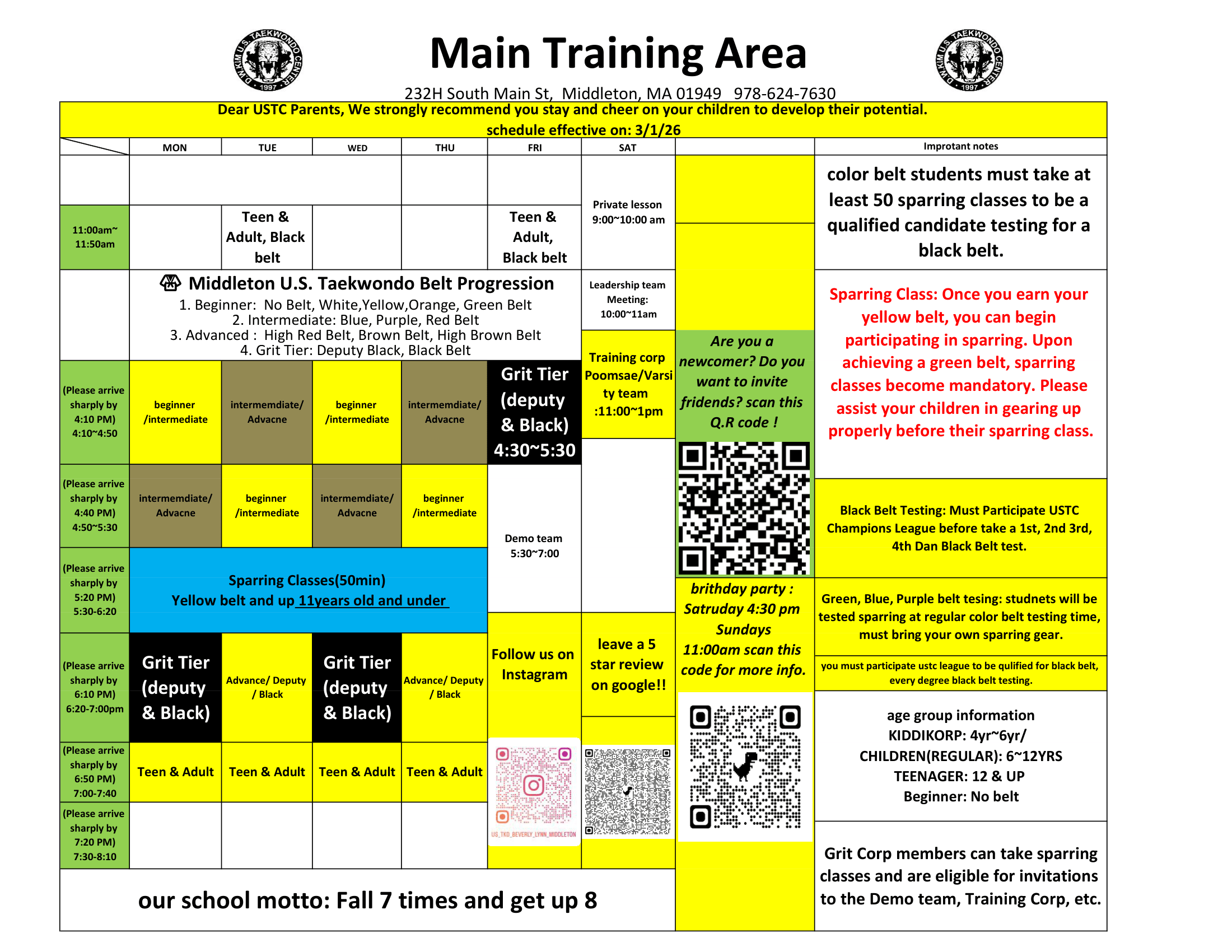 Middleton U.S. Taekwondo Class Schedule