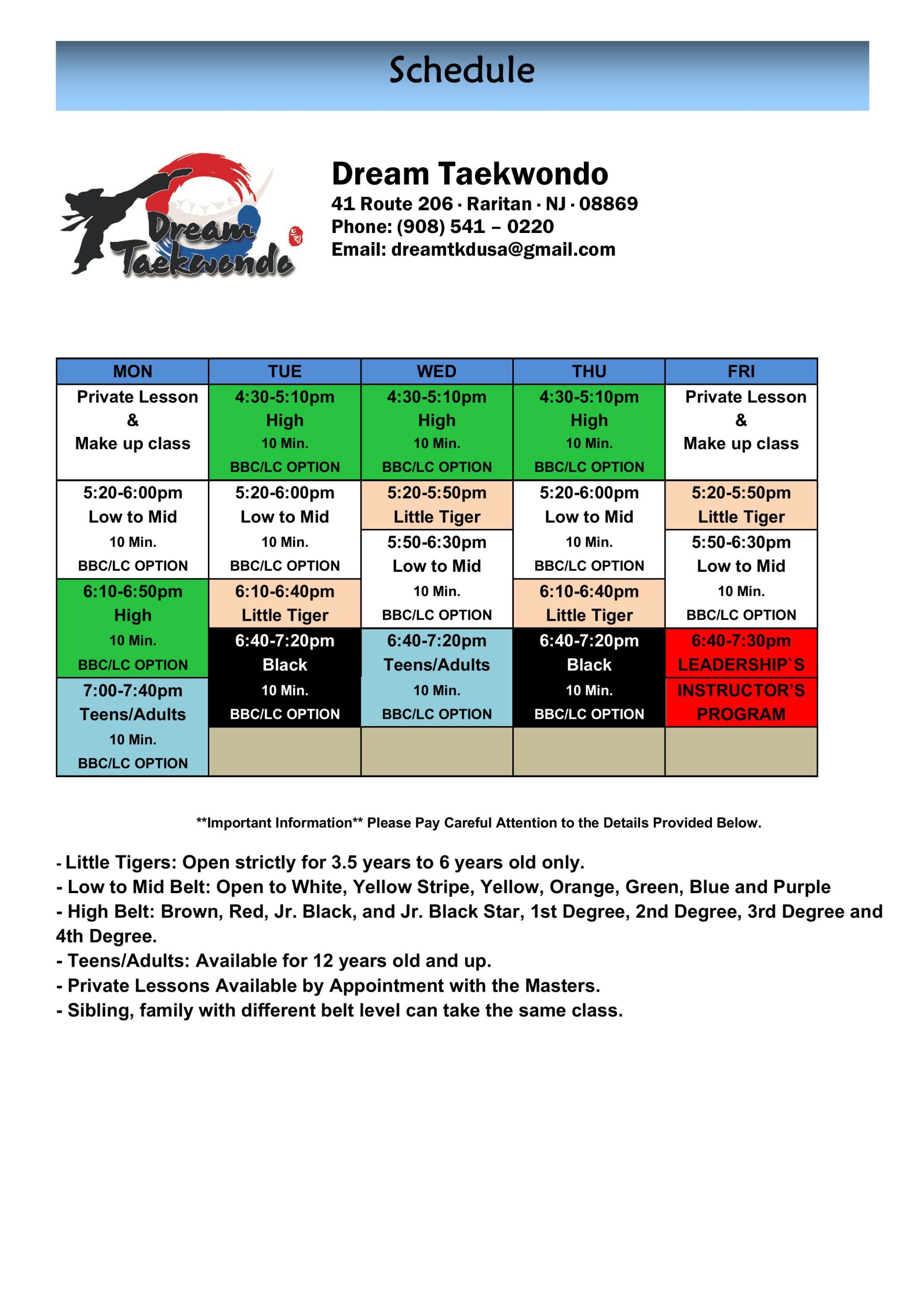 Dream Taekwondo Class Schedule