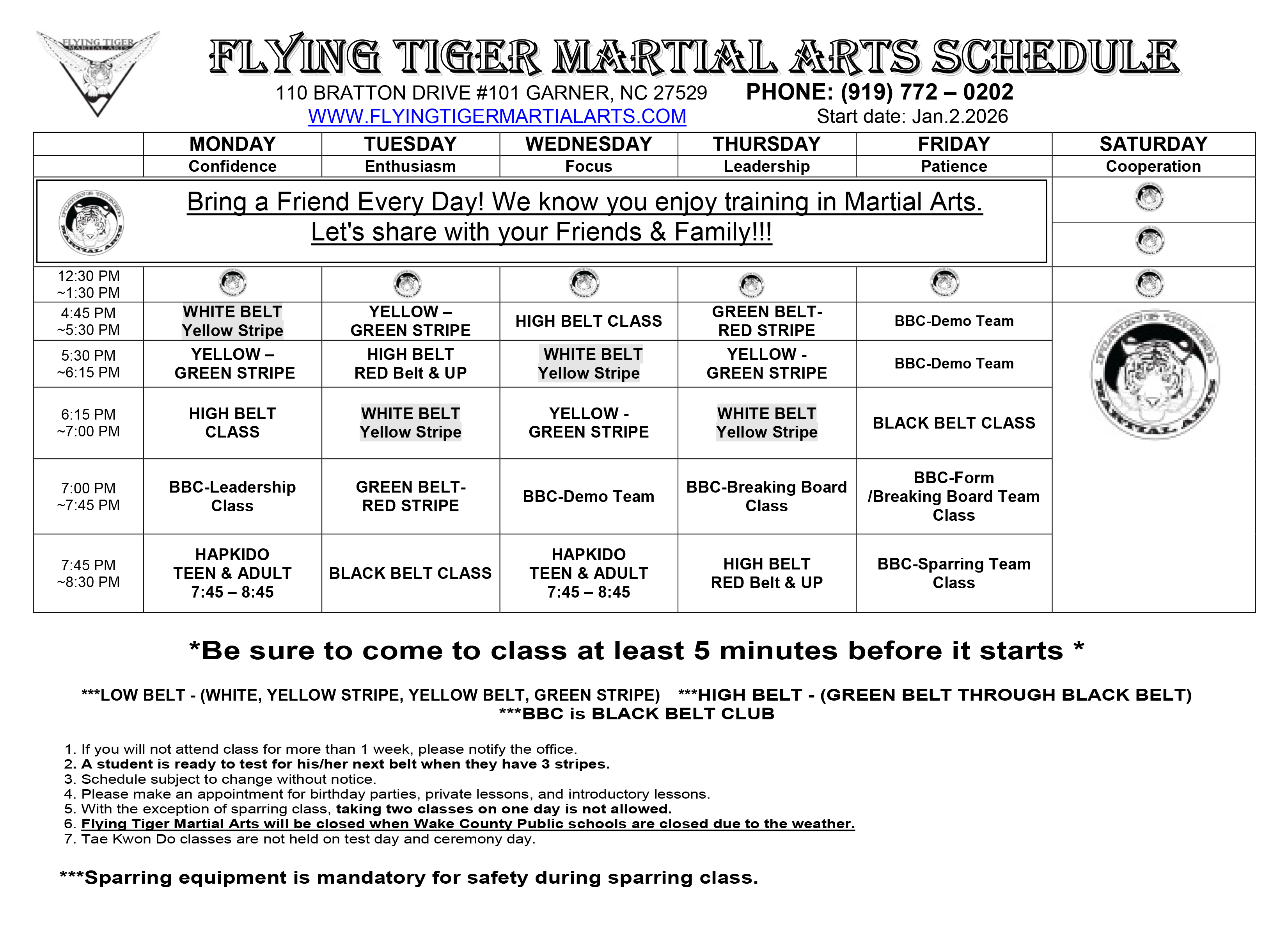 Flying Tiger Martial Arts Class Schedule