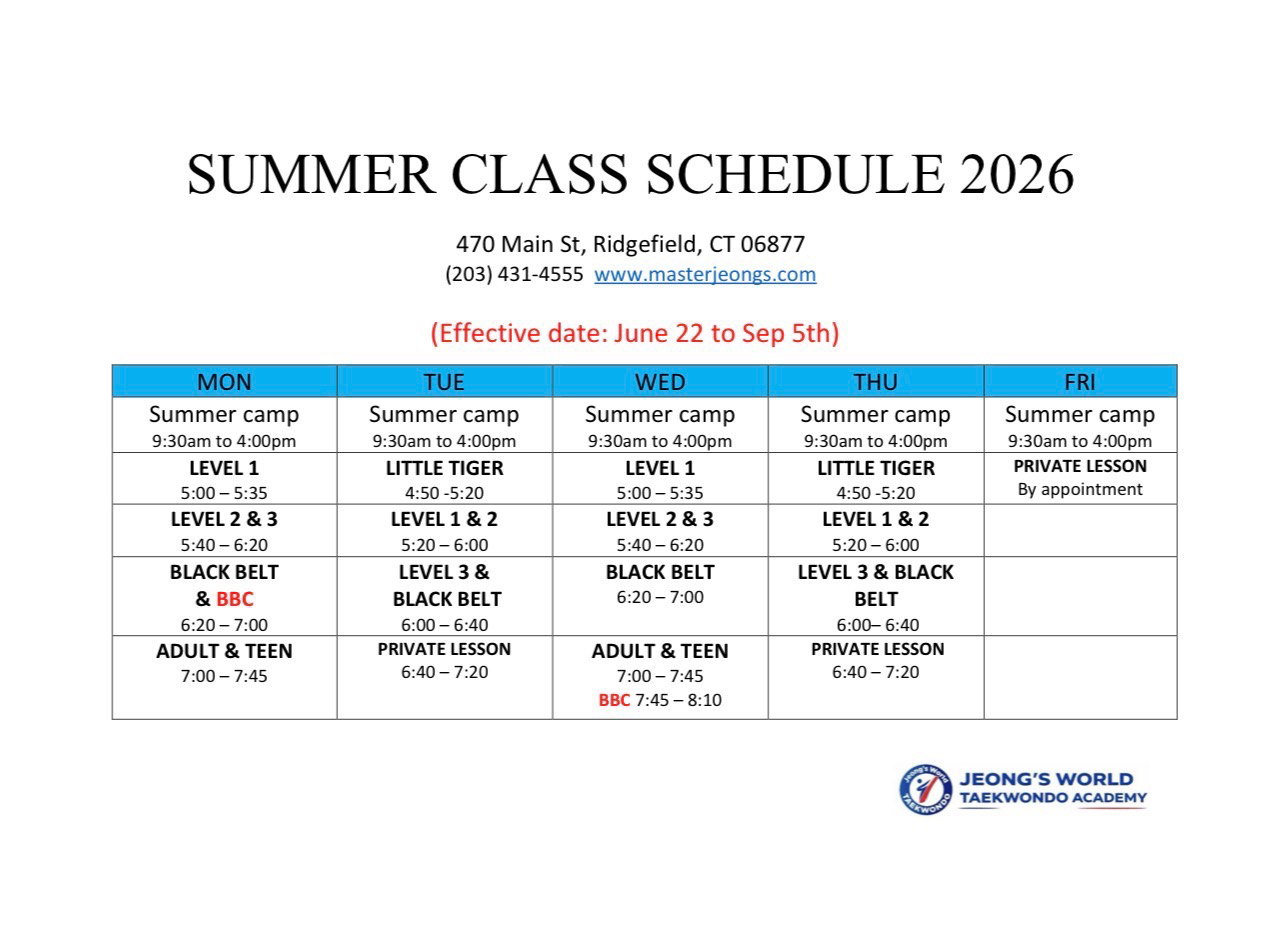 Jeong's World Taekwondo Academy Class Schedule