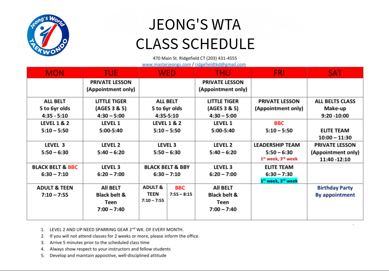 Jeong's World Taekwondo Academy Class Schedule