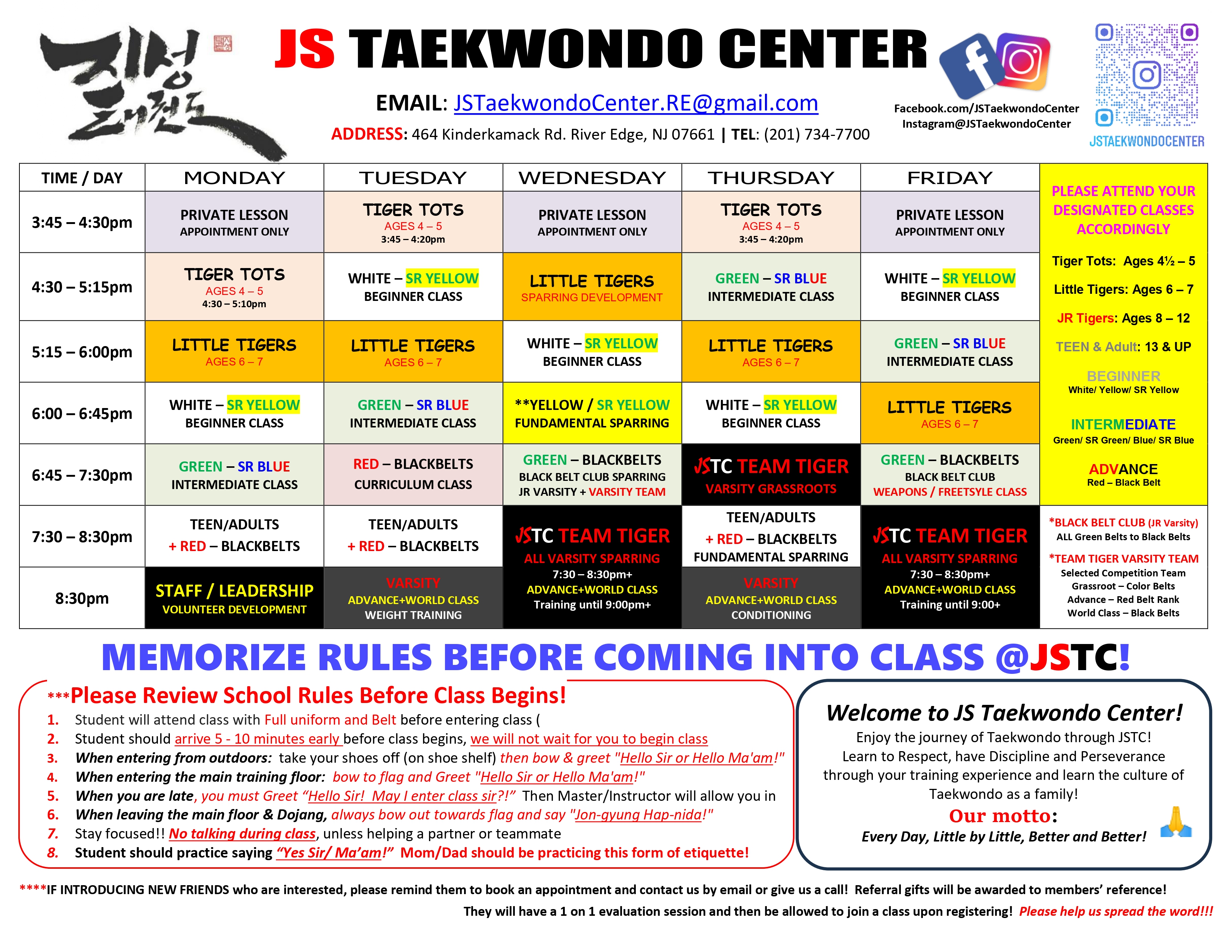 JS Taekwondo Center Class Schedule