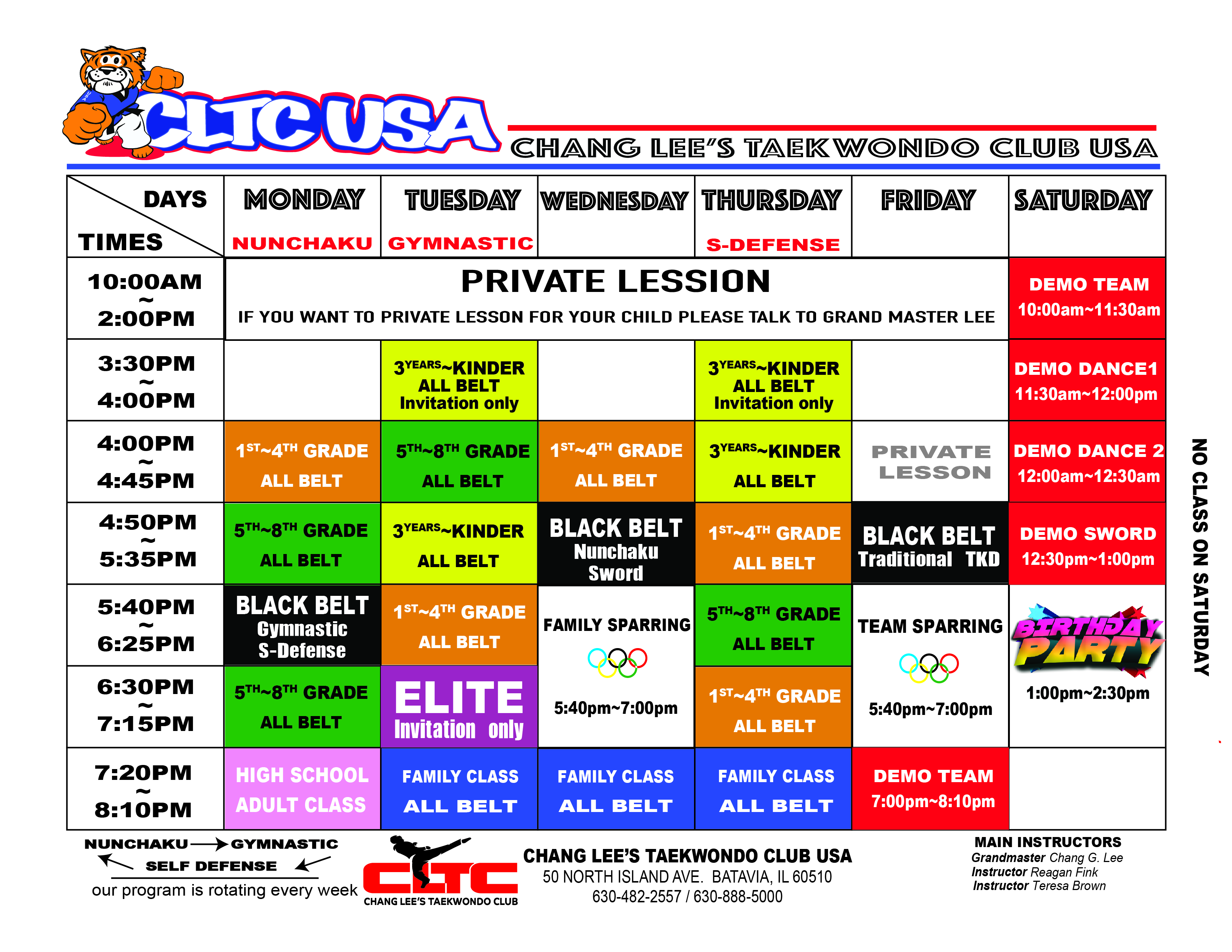 Chang Lee's Taekwondo Class Schedule