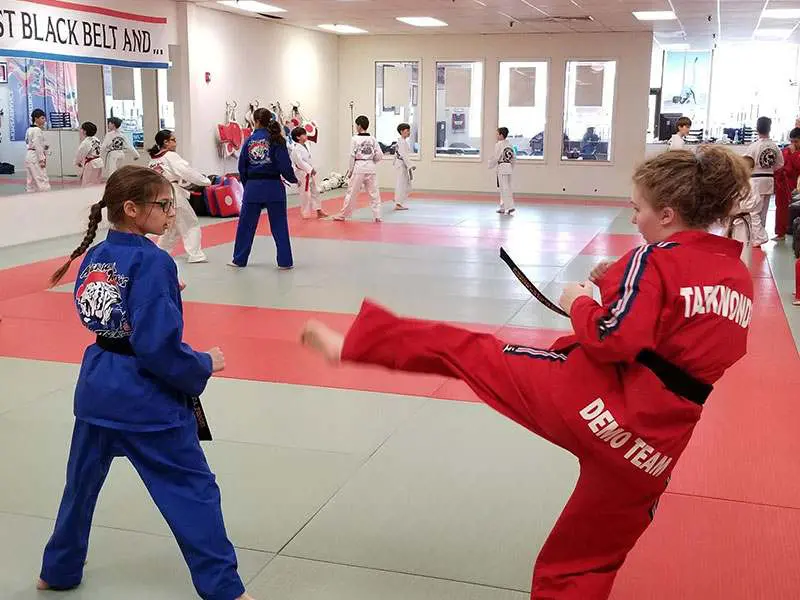 Kids practicing Taekwondo techniques