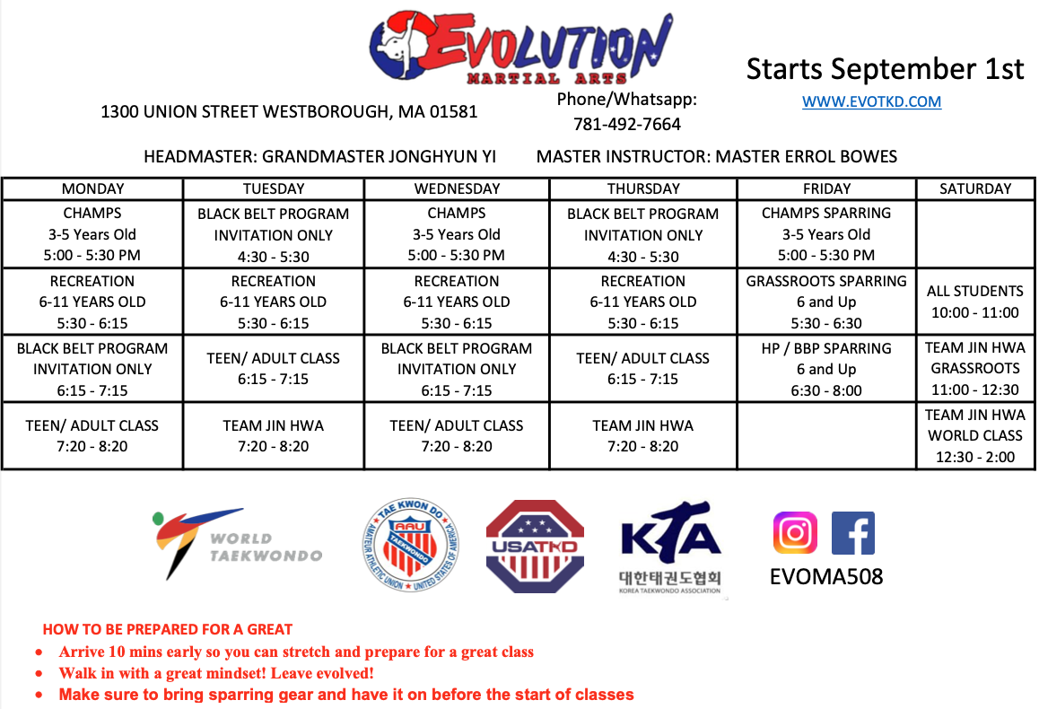 Evolution Martial Arts Class Schedule