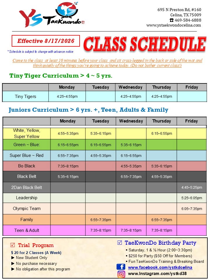 Y S Taekwondo Class Schedule