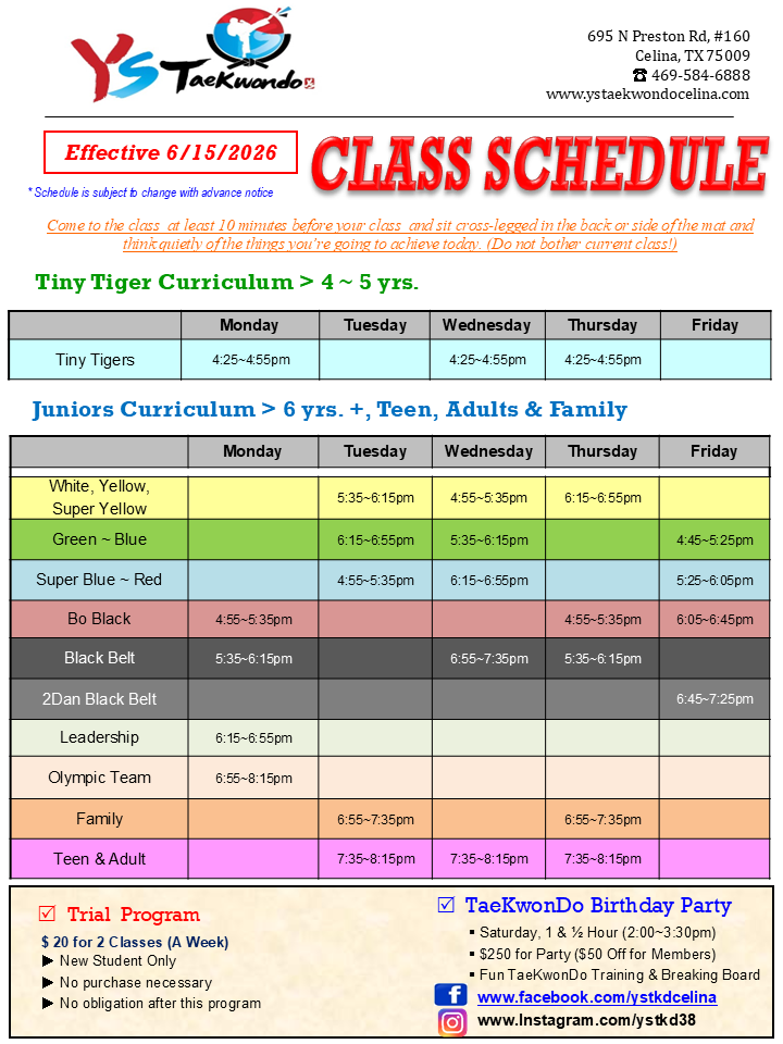 Y S Taekwondo Class Schedule
