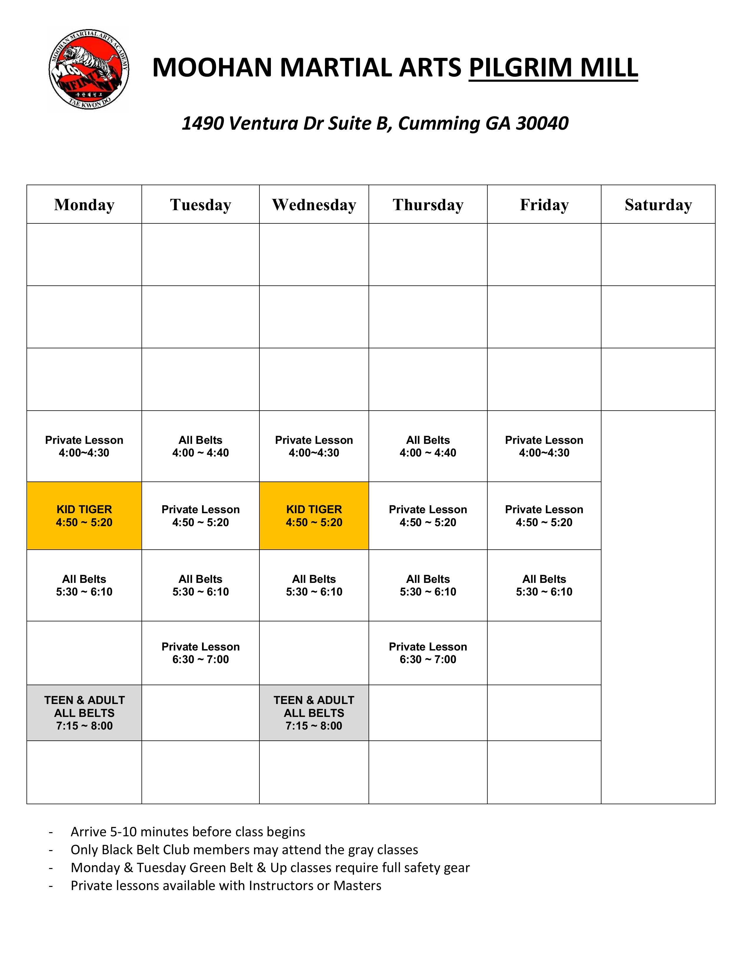 Pilgrim Mill Class Schedule