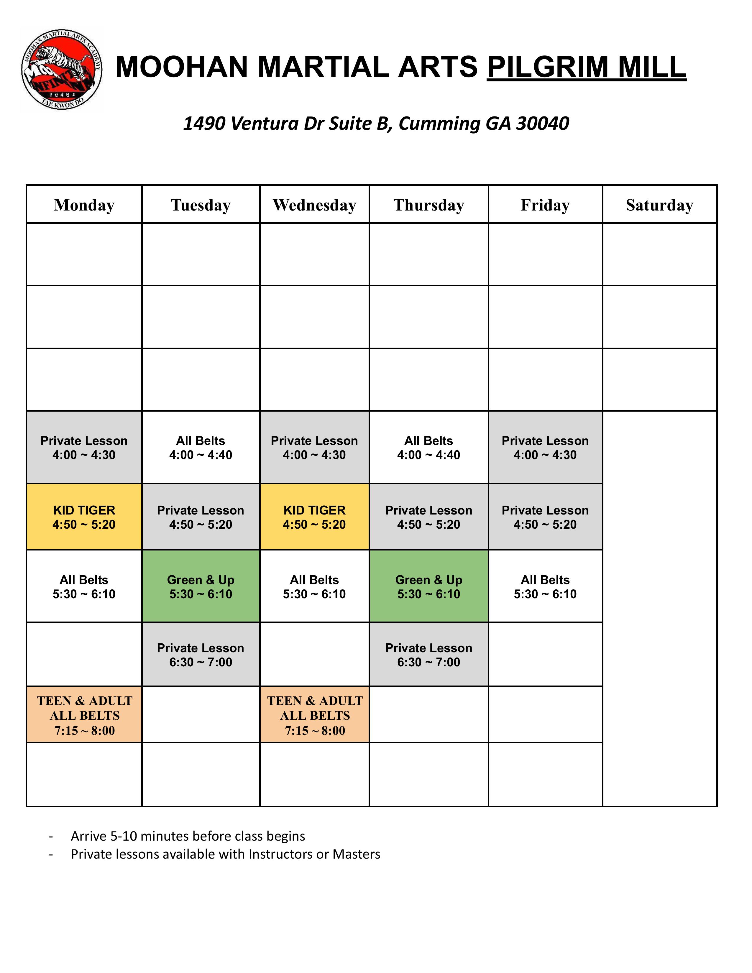Pilgrim Mill Class Schedule