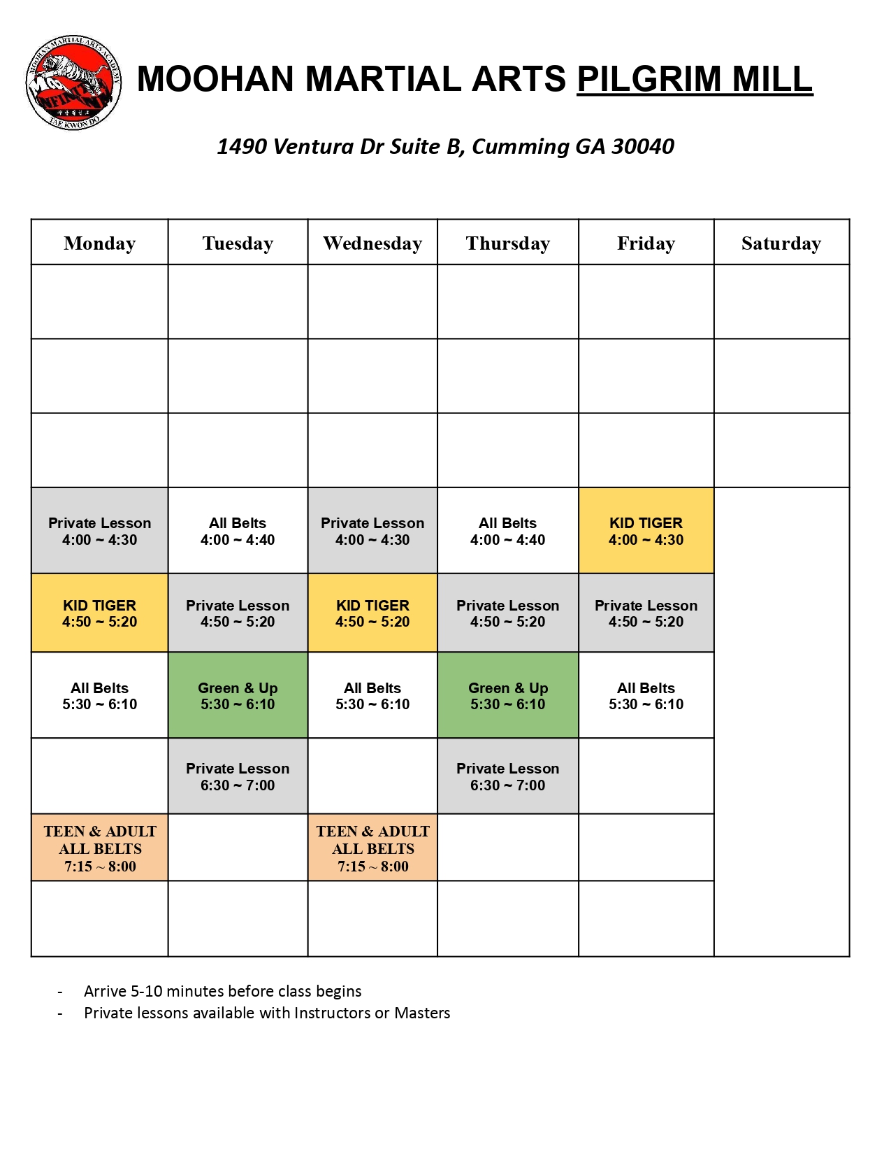 Pilgrim Mill Class Schedule