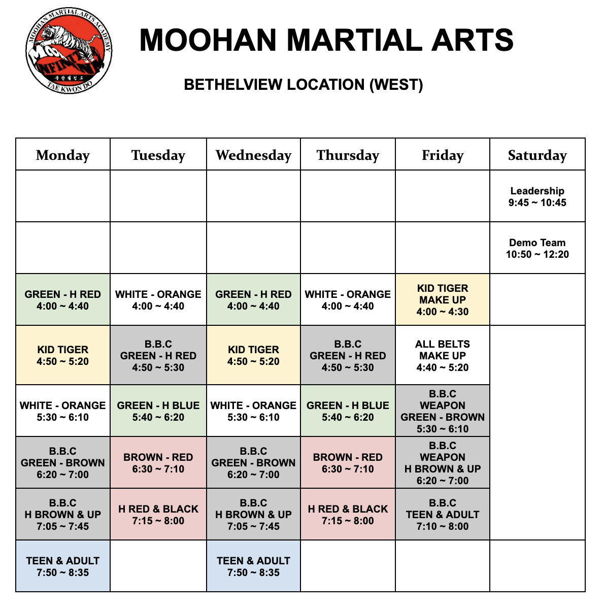 Bethelview Class Schedule