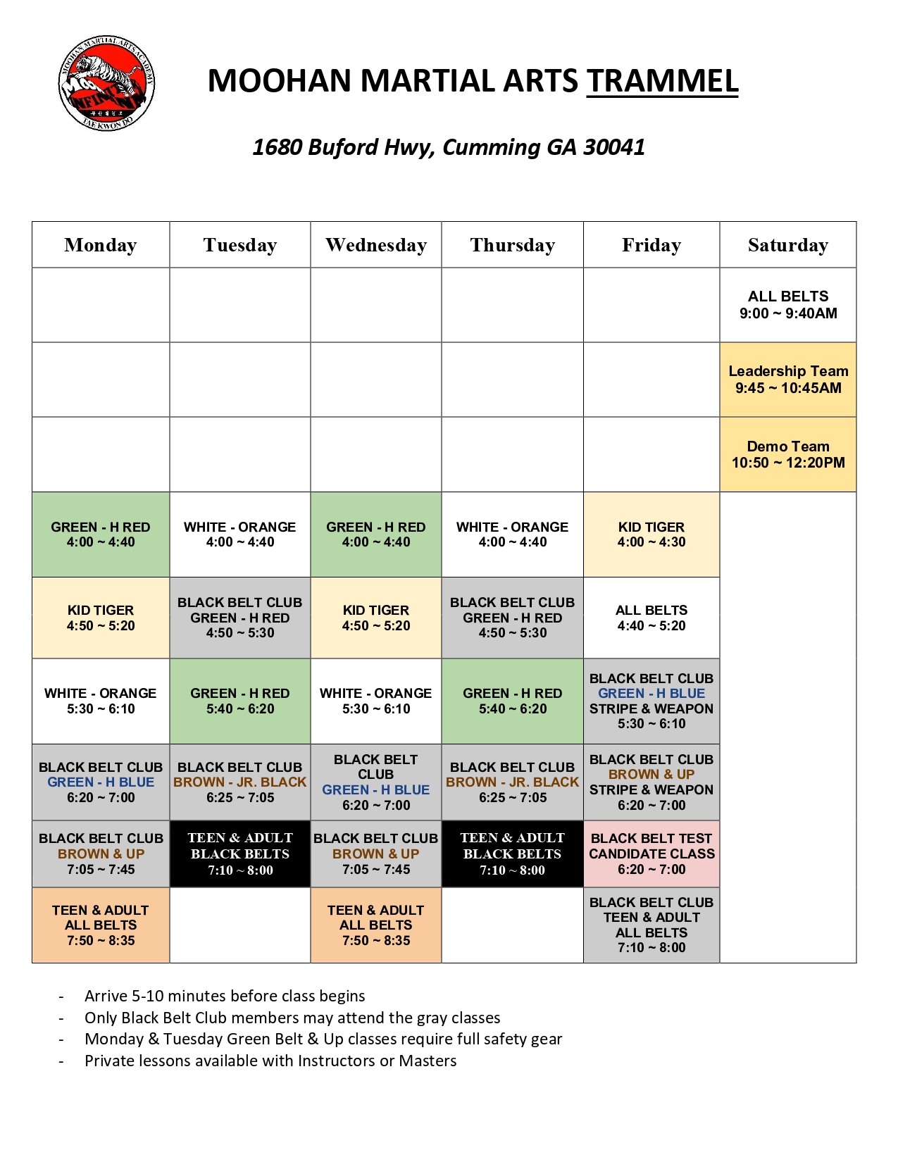 Trammel Class Schedule
