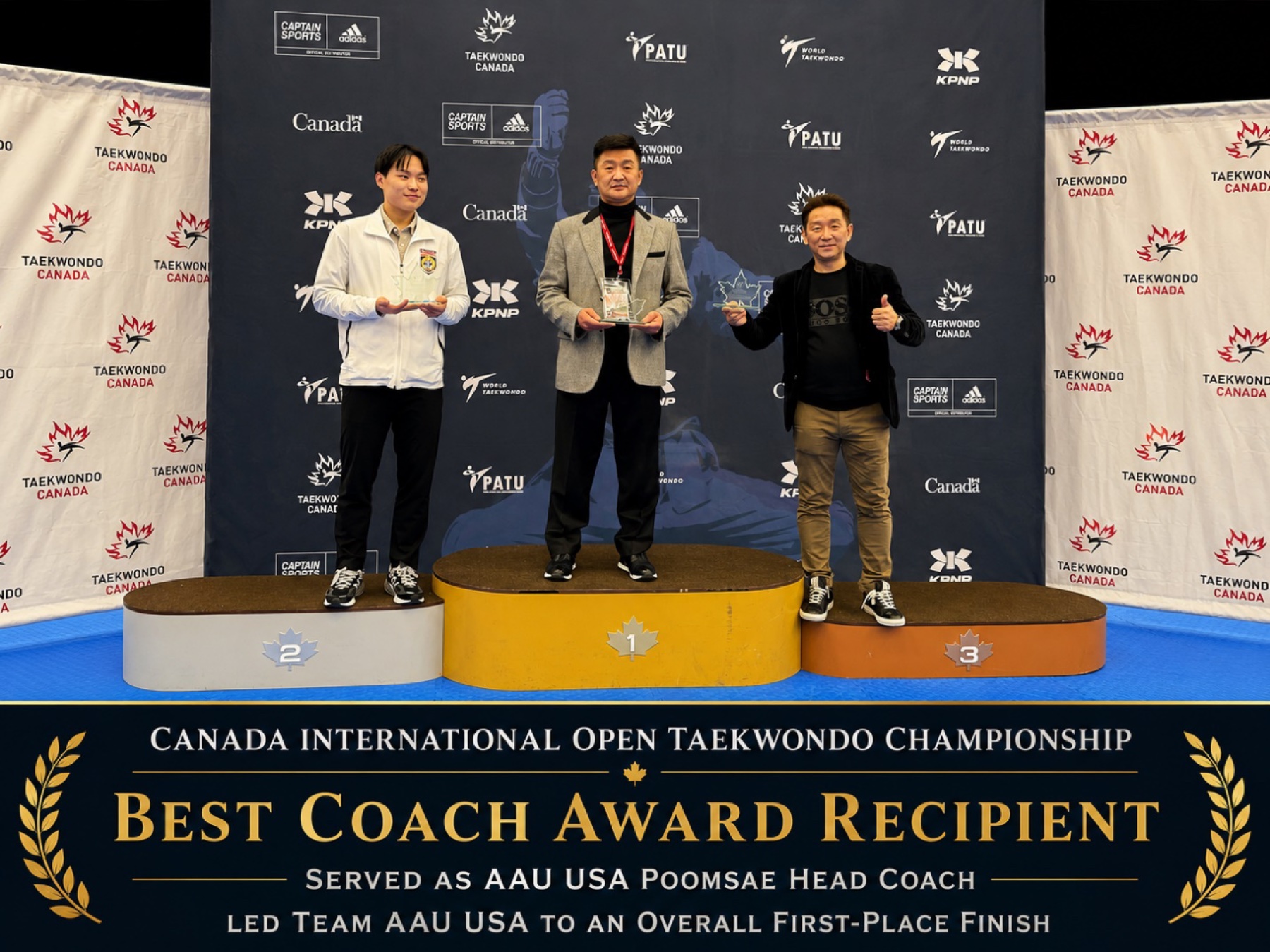 Grandmaster Bae receiving the Best Coach Award at the Canada International Open Taekwondo Championship