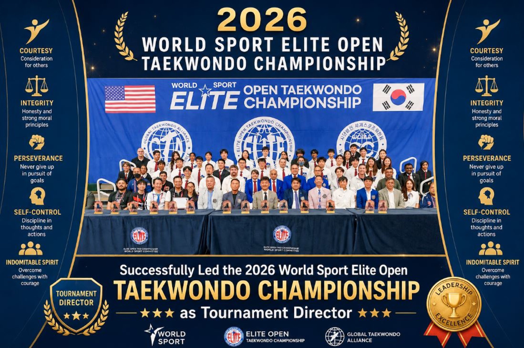 Grandmaster Bae as Tournament Director of the World Sport Elite Open Taekwondo Championship