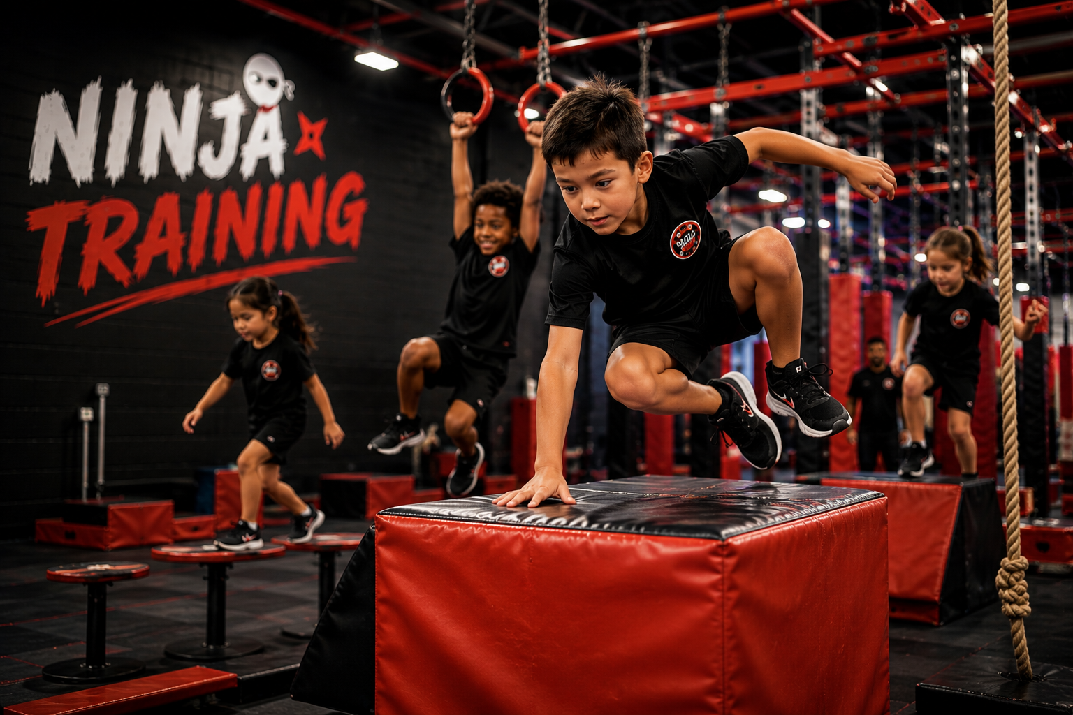 Kids mastering ninja challenges