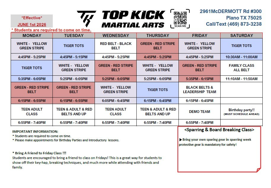 Plano Class Schedule