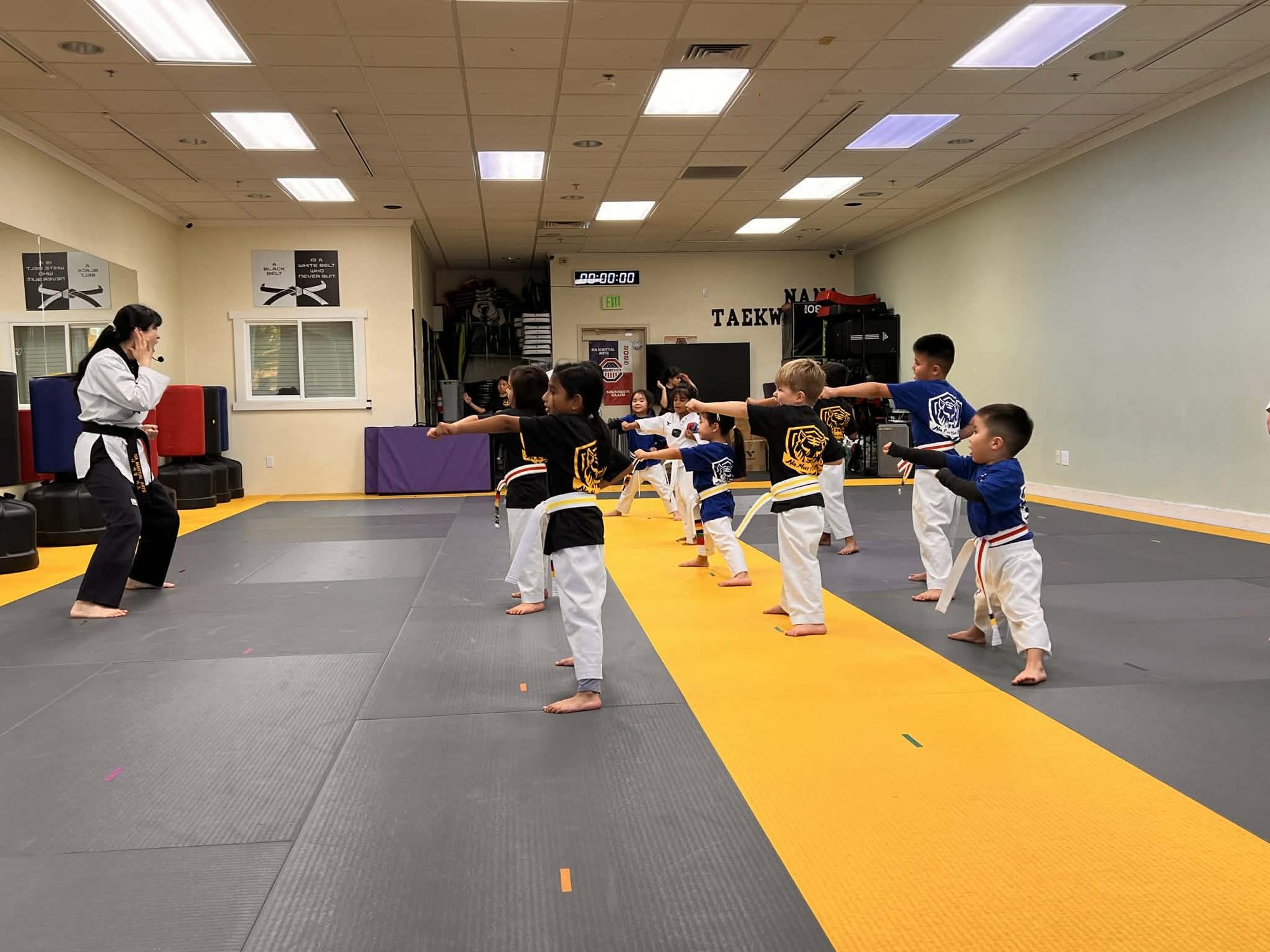Kids practicing kicks in line during class
