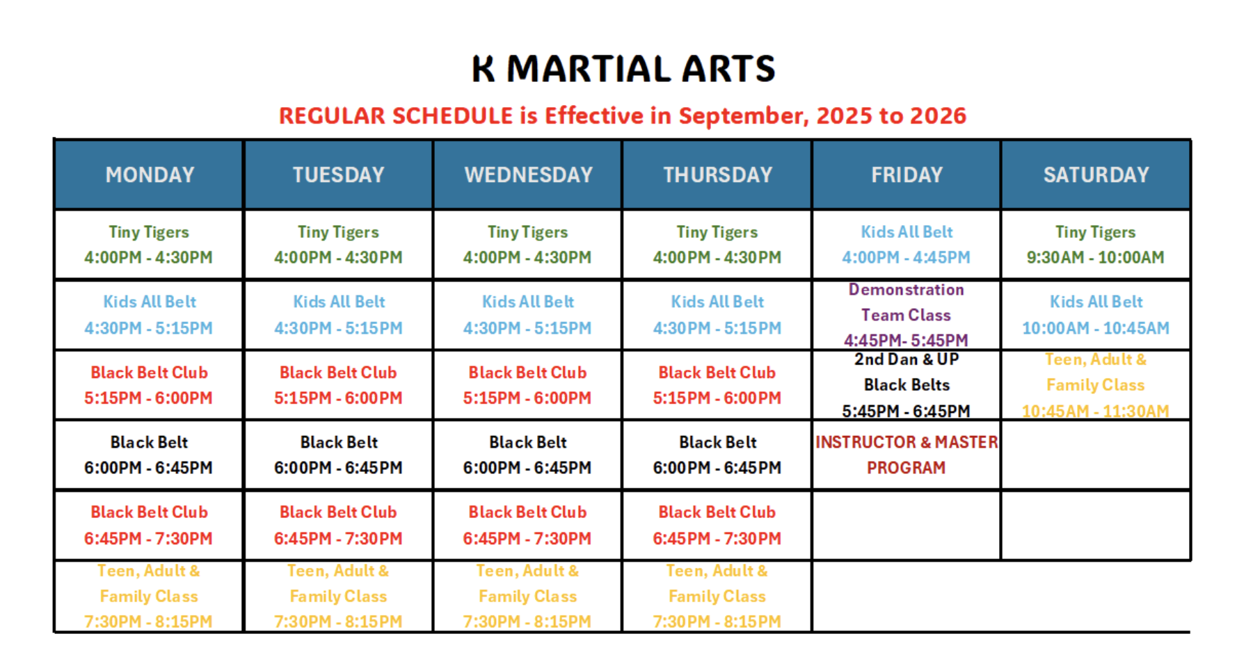 Nutley Class Schedule