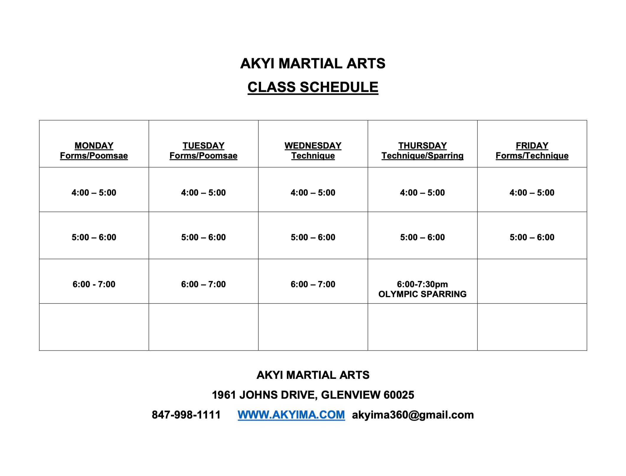 Glenview Class Schedule