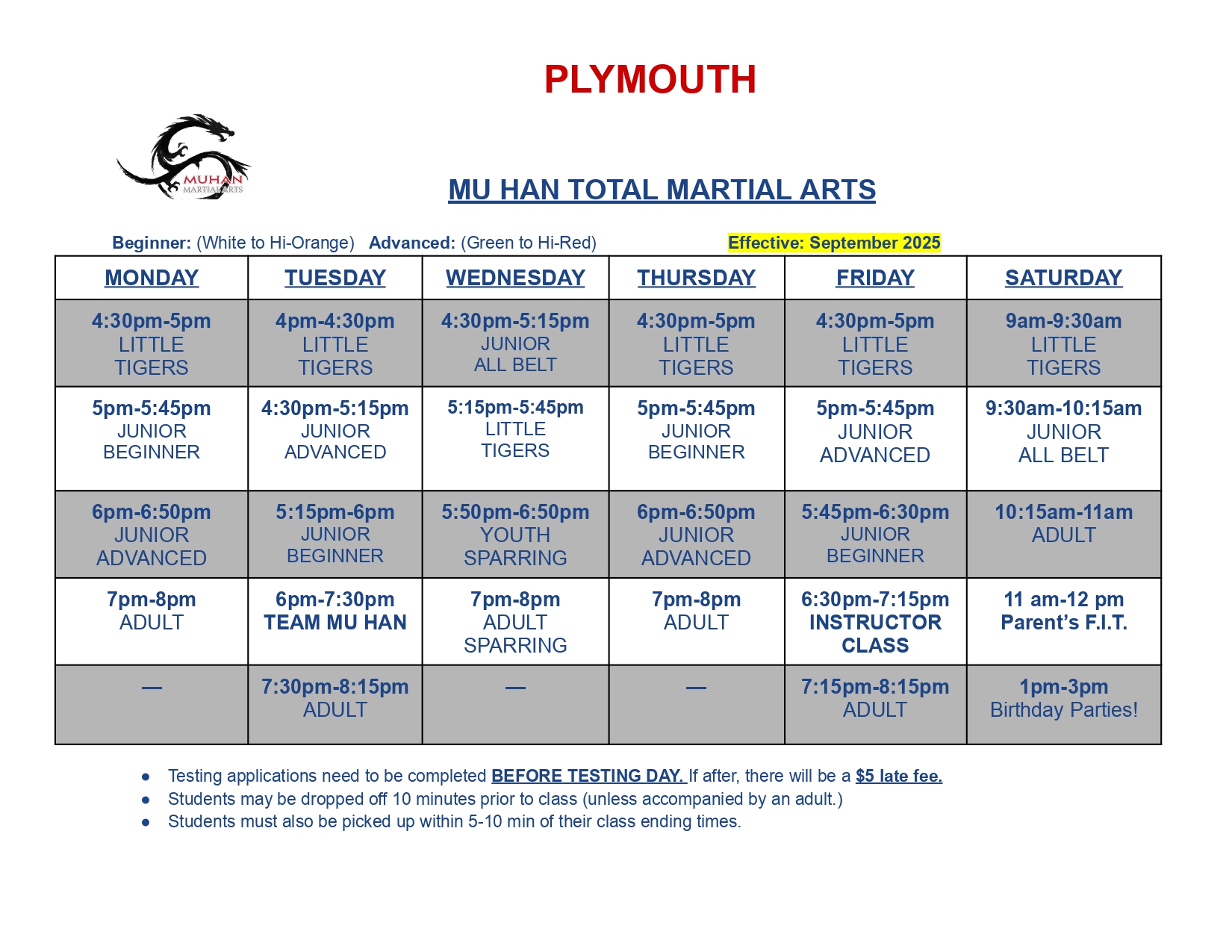 Plymouth Class Schedule