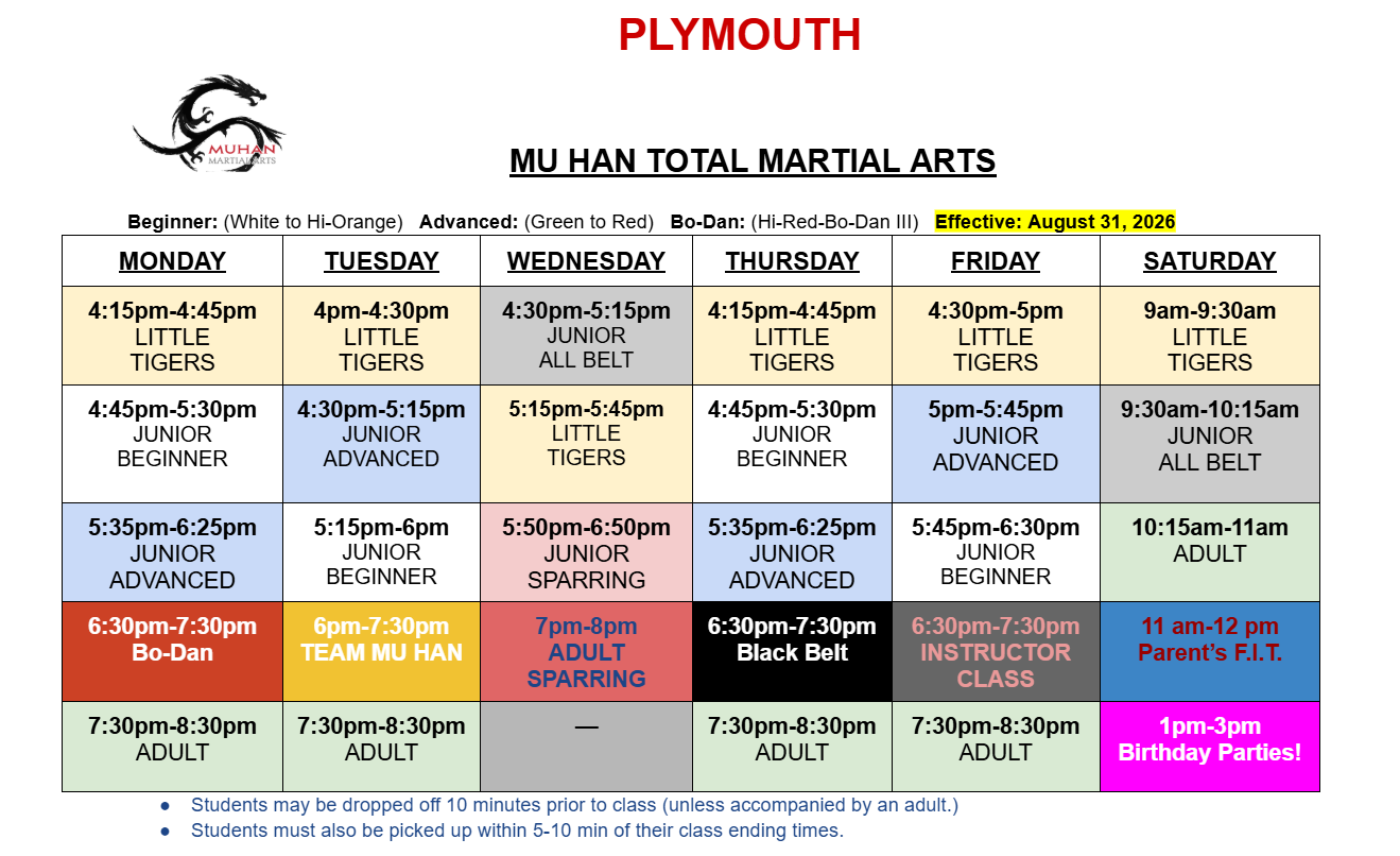 Plymouth Class Schedule