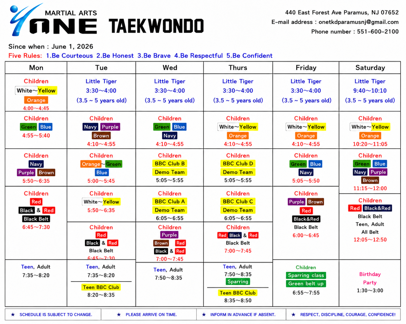 Paramus Class Schedule
