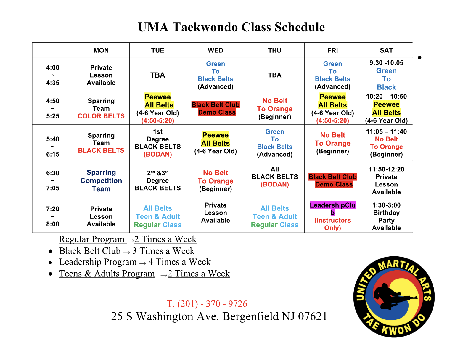 Bergenfield Class Schedule