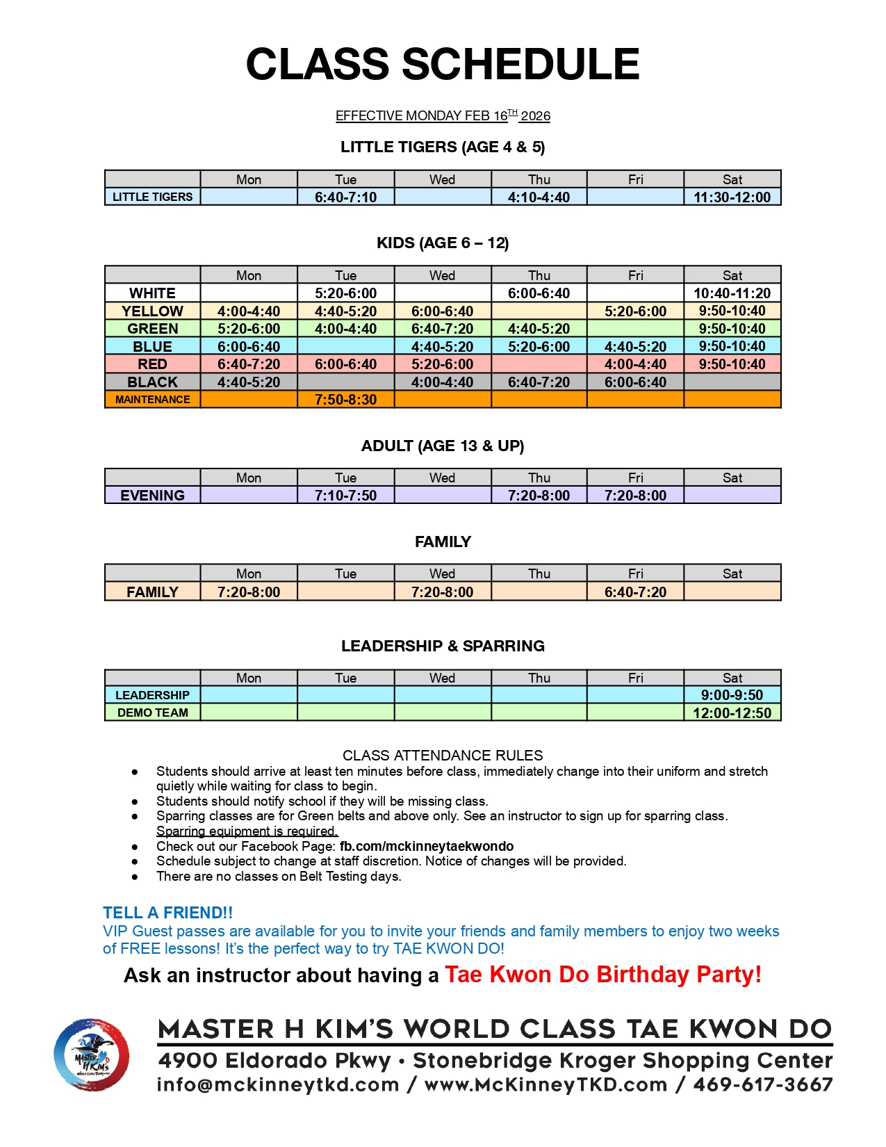 McKinney Class Schedule
