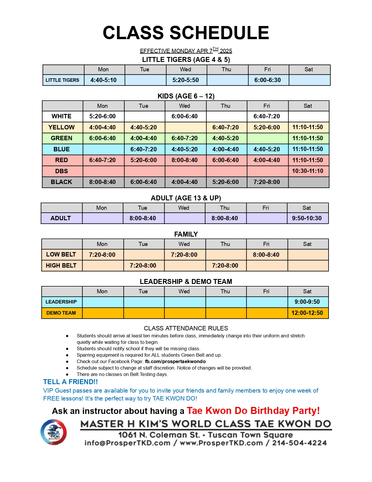 Prosper Class Schedule